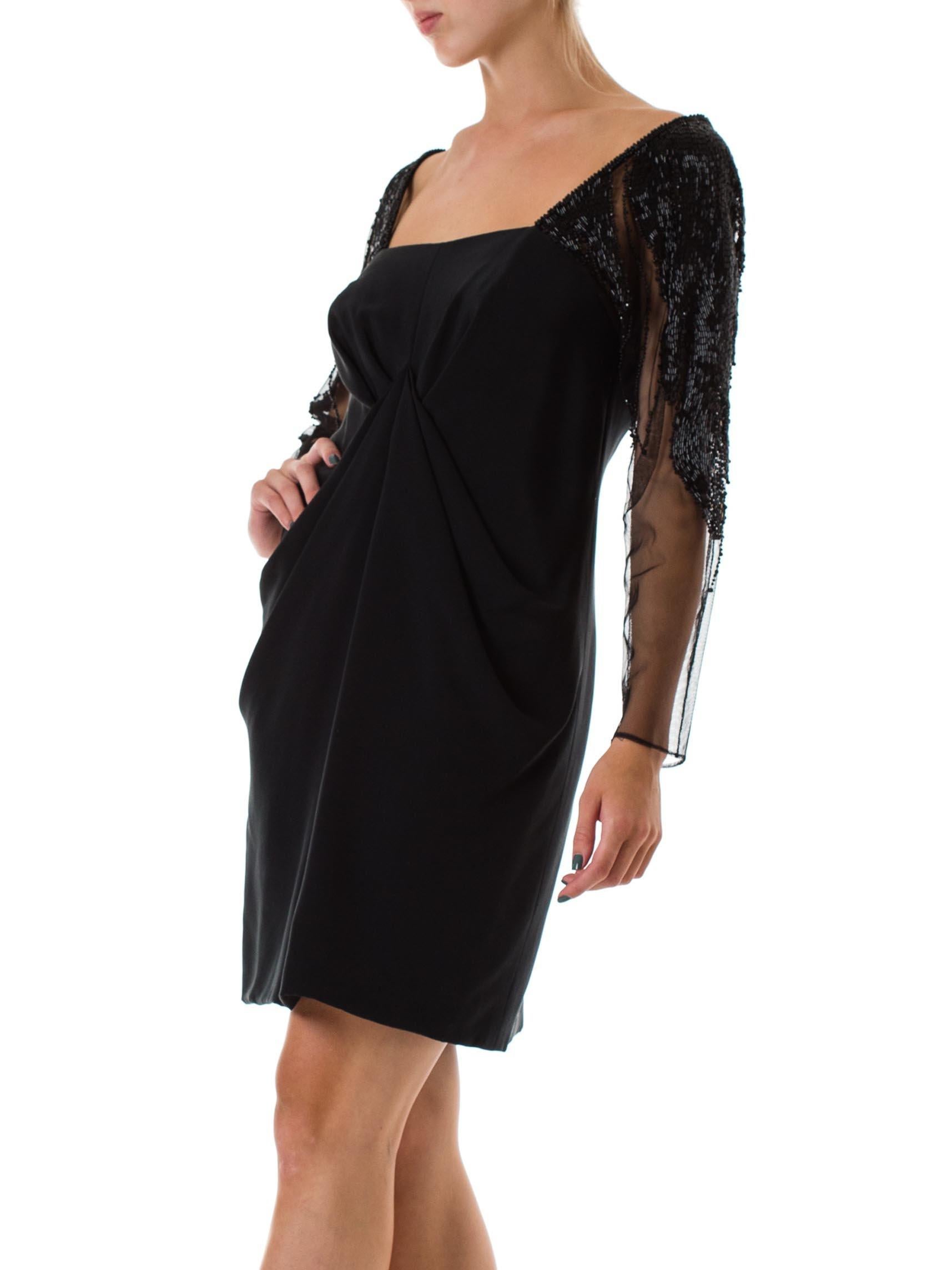 1980S Black Rayon Blend Faille Off The Shoulder Beaded Sheer Net Sleeved Robe de Cocktail
