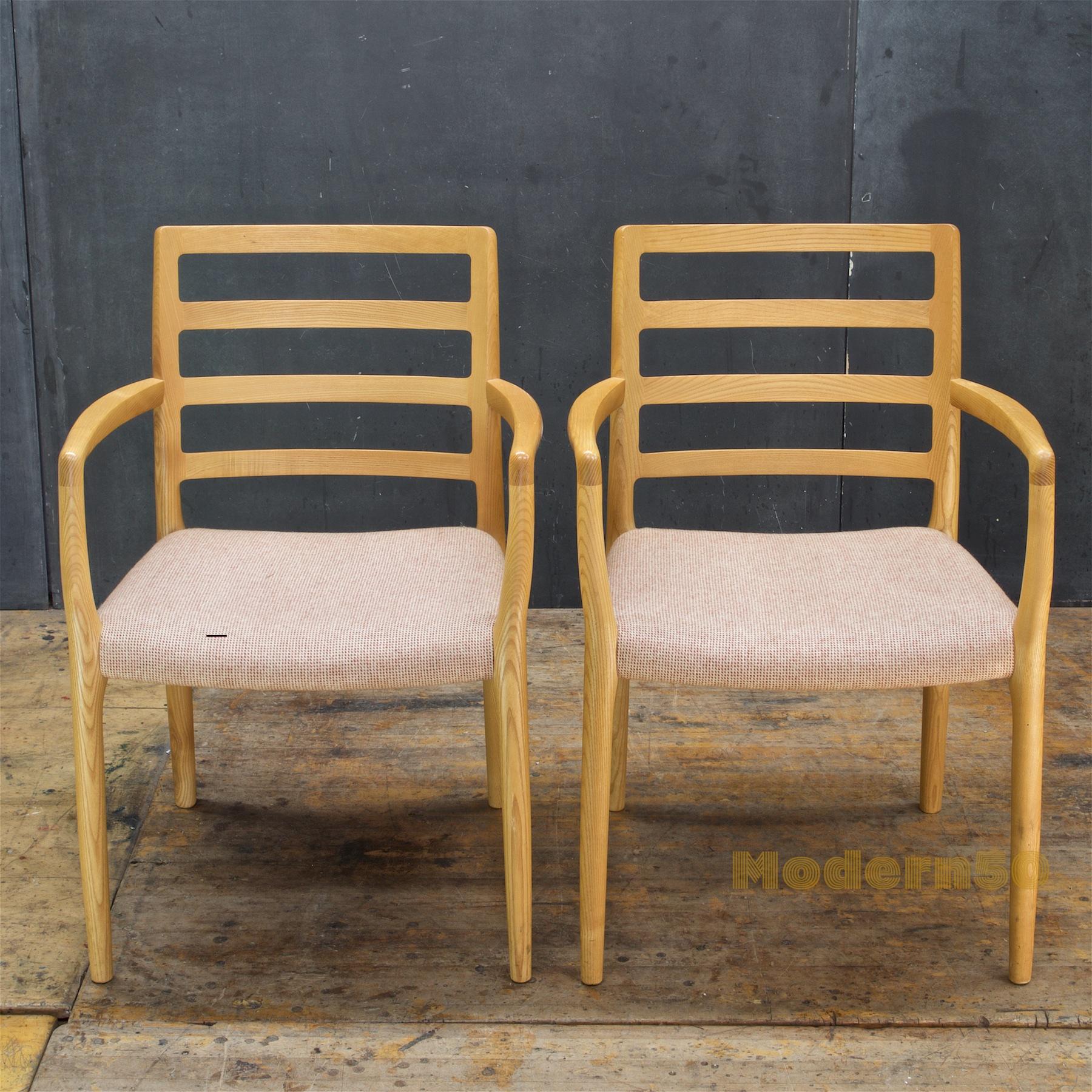 Unrestored 1981 Ash Model Nº 85 Chairs by Niels Moller for J.L. Møllers Møbelfabrik, Denmark. A wonderful and heavy solid wood chair design. Seat Heights are 17.5 in.

NOW TOTAL OF 8 CHAIRS INCLUDED! 6 SIDES (will include 2 more side chairs,
