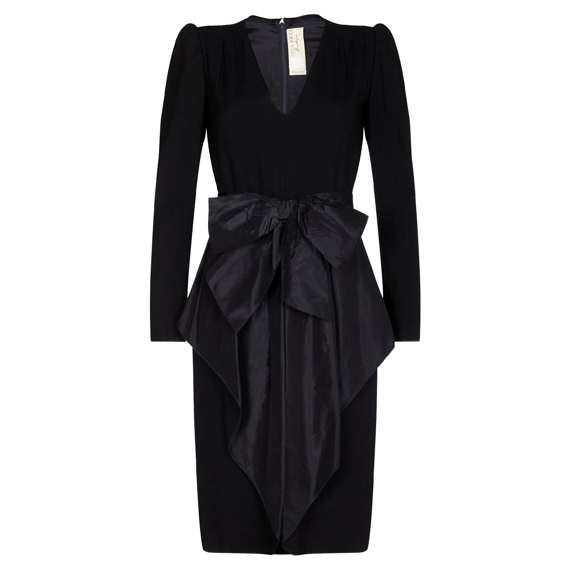 1980s Nina Ricci Black Wool and Silk Cocktail Dress