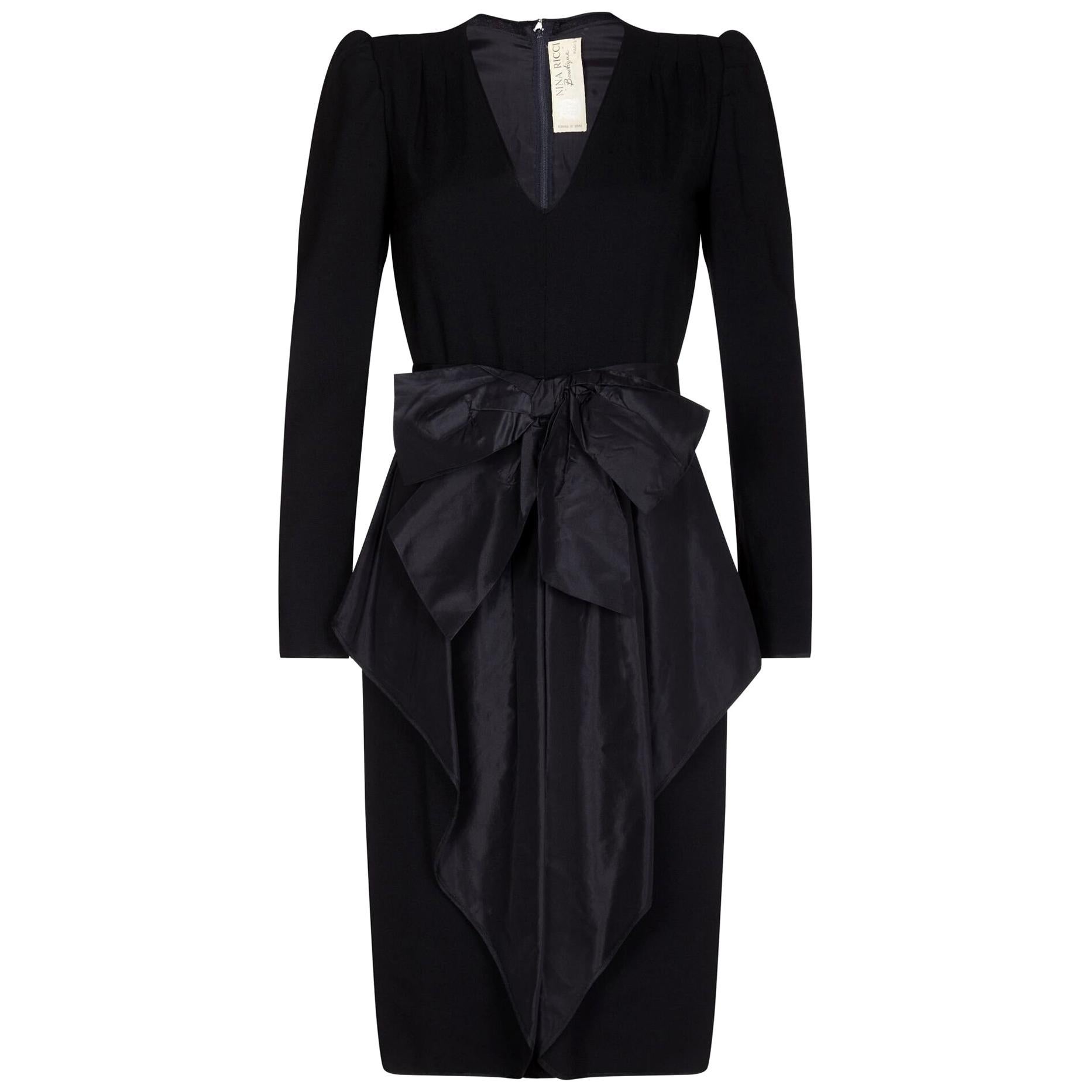 1980s Nina Ricci Black Wool and Silk Cocktail Dress For Sale