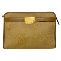 1980s Nina Ricci Brown Leather Gold Logo Clutch Bag