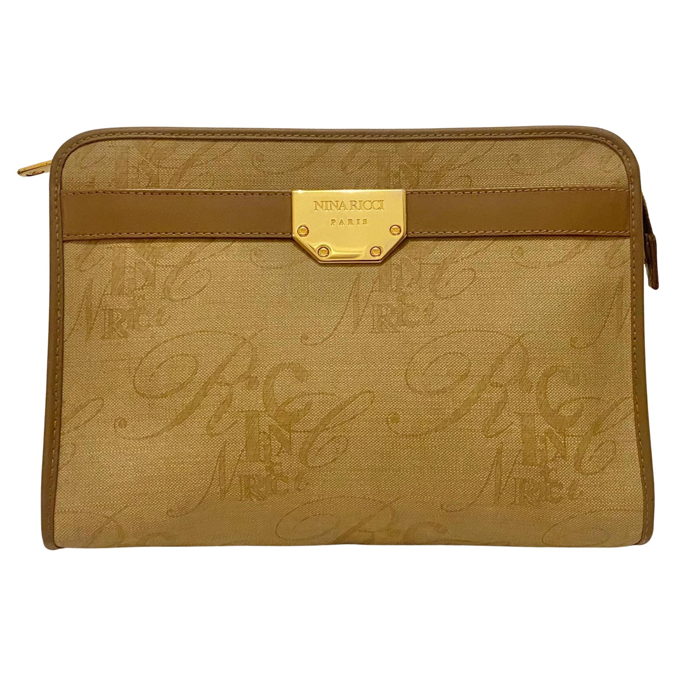 1980s Nina Ricci Brown Leather Gold Logo Clutch Bag