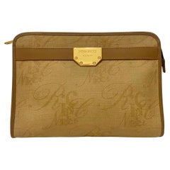 1980s Nina Ricci Brown Leather Gold Logo Clutch Bag