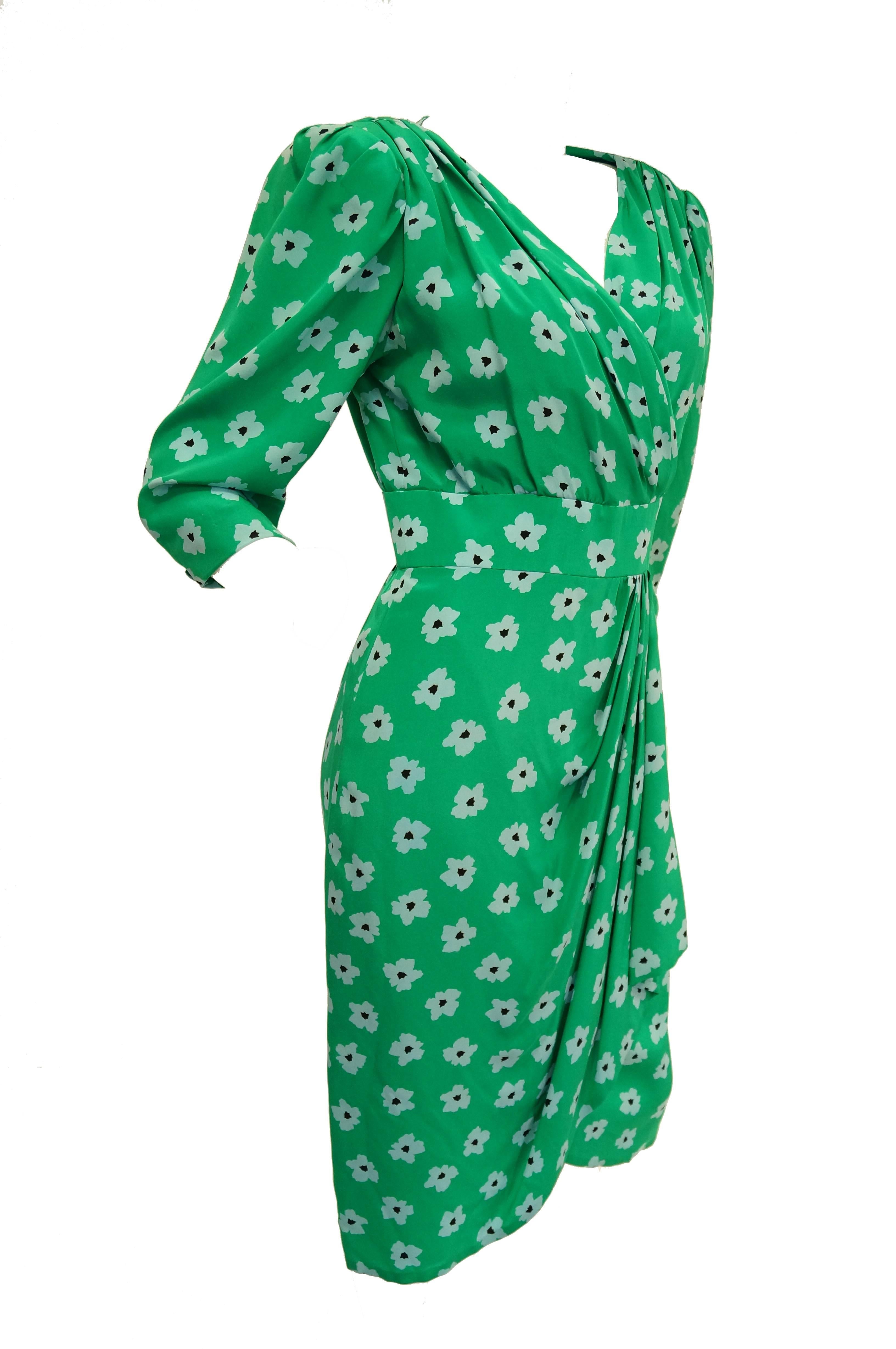 1980s Nina Ricci Green Floral Silk Dress 6