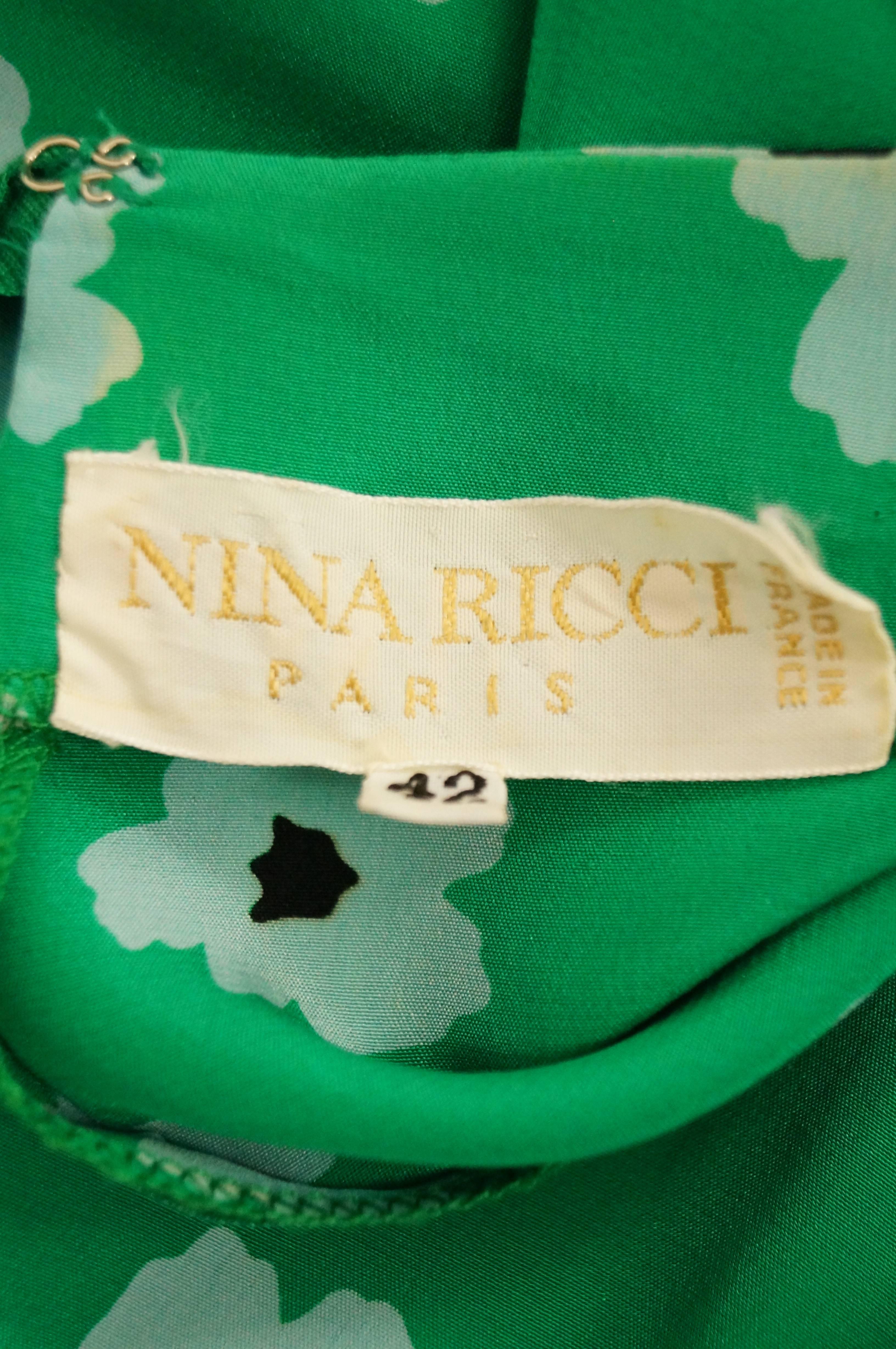 1980s Nina Ricci Green Floral Silk Dress 8