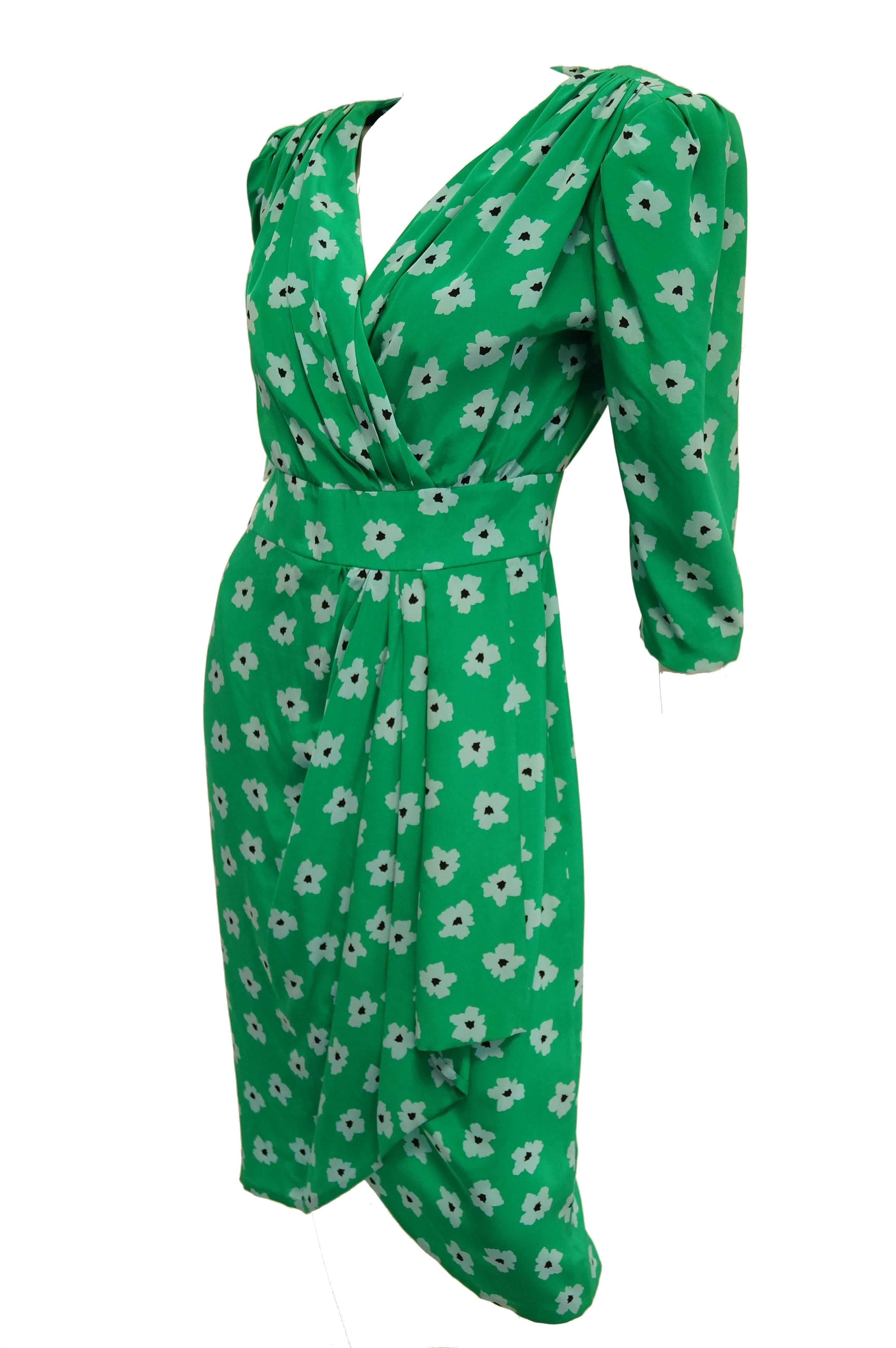 Women's 1980s Nina Ricci Green Floral Silk Dress