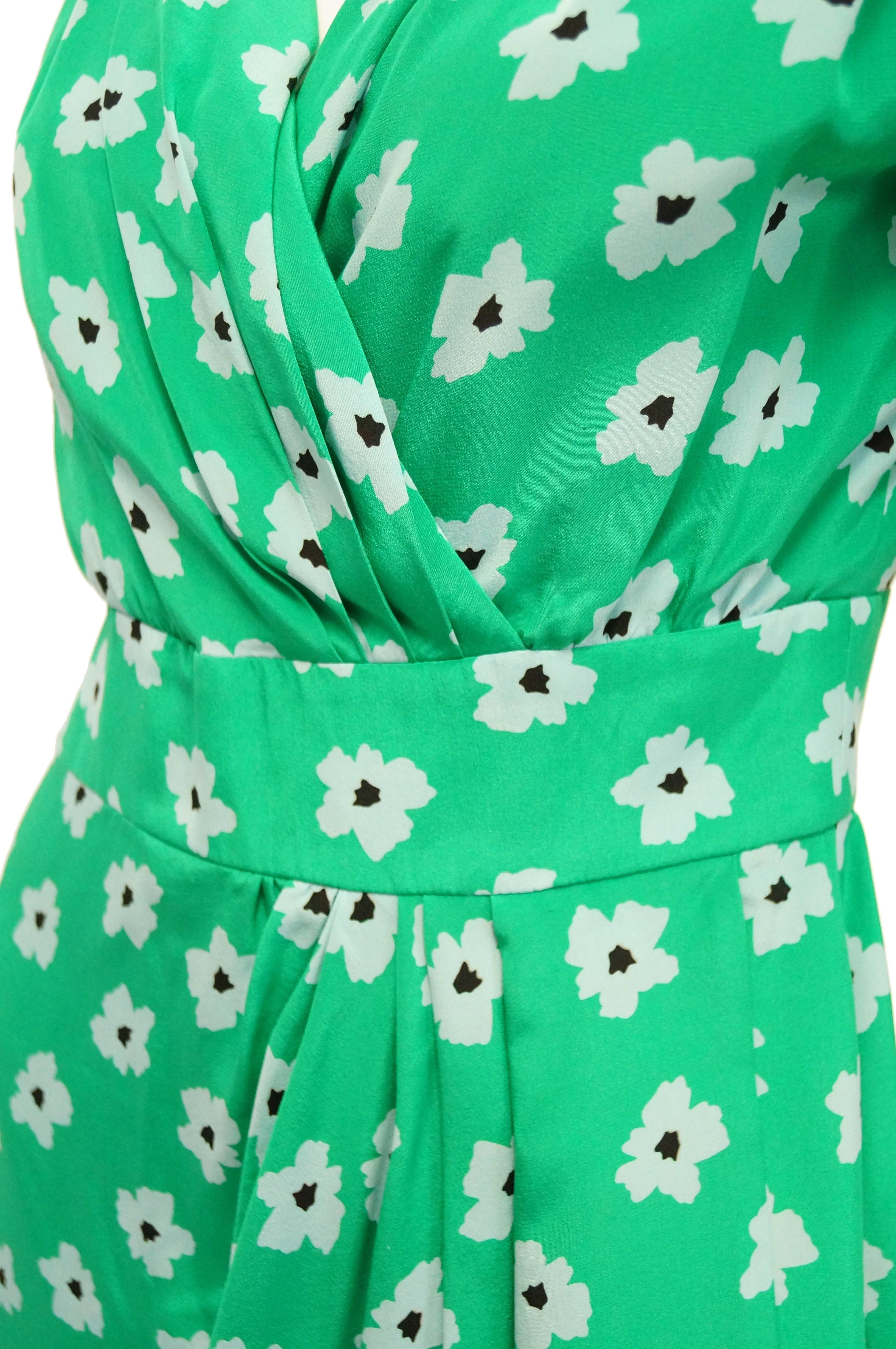 1980s Nina Ricci Green Floral Silk Dress 2