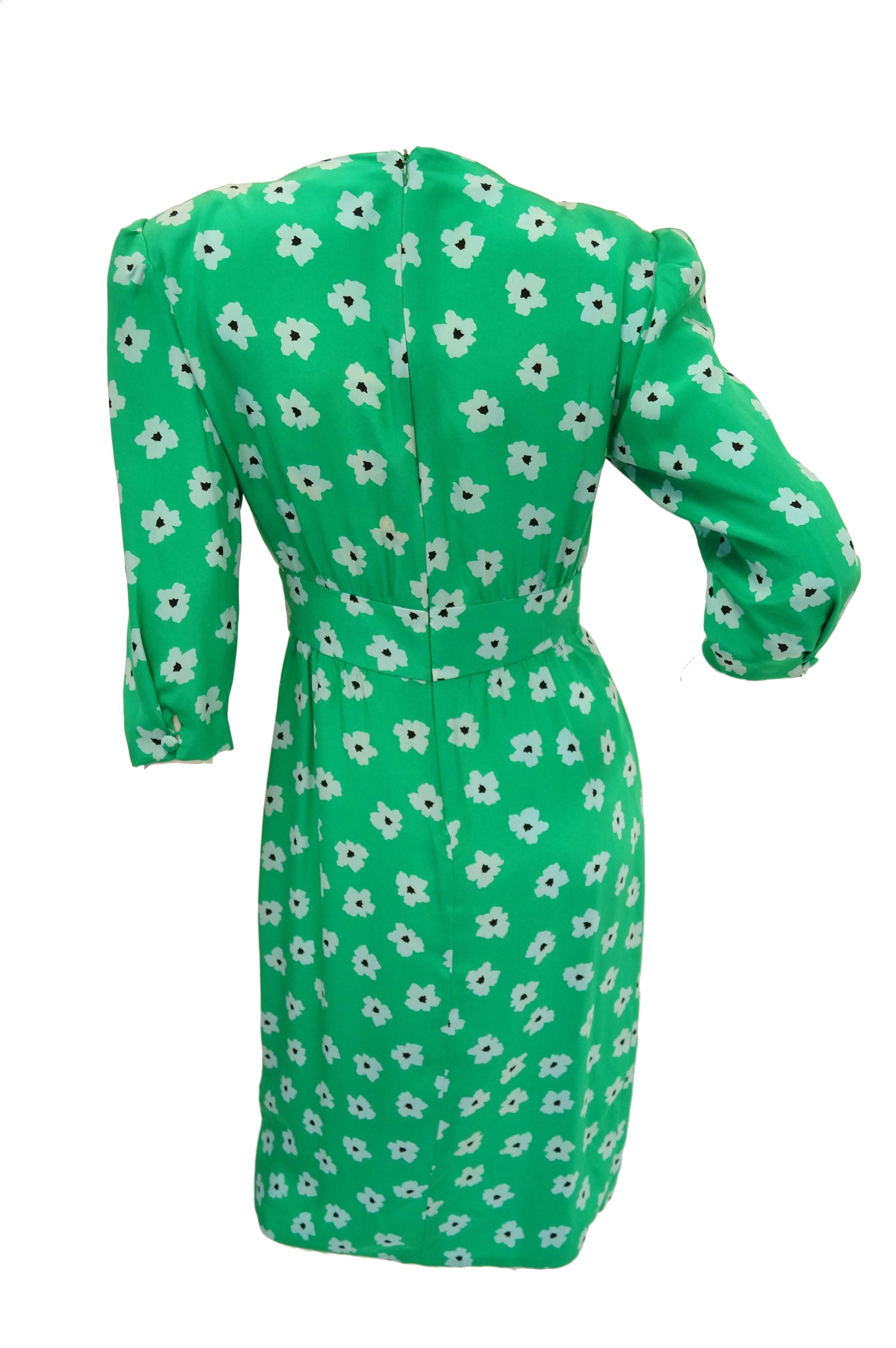 1980s Nina Ricci Green Floral Silk Dress 3