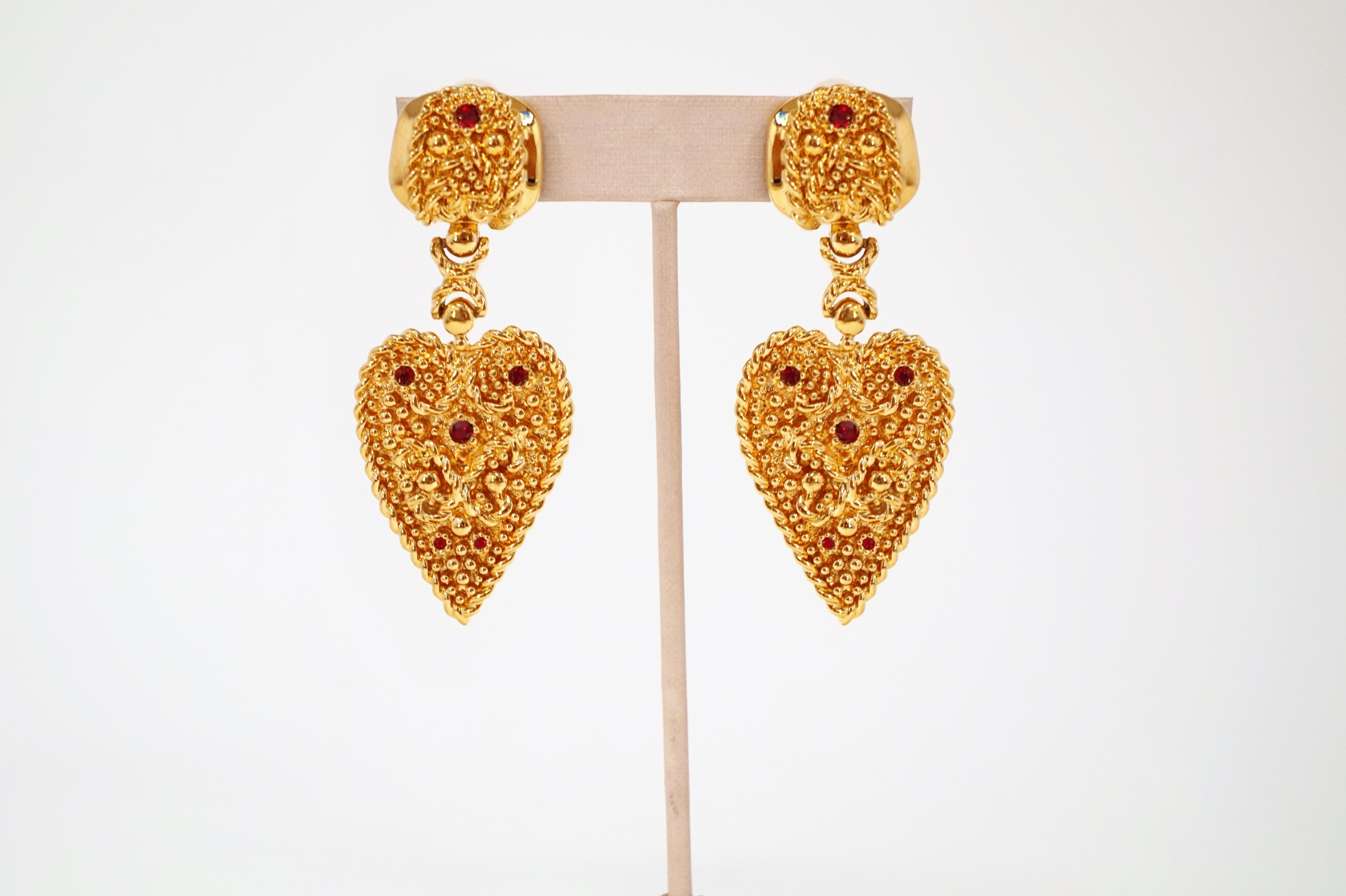 1980s Nina Ricci Oversized Gilded Heart & Rhinestone Statement Earrings, Signed 4