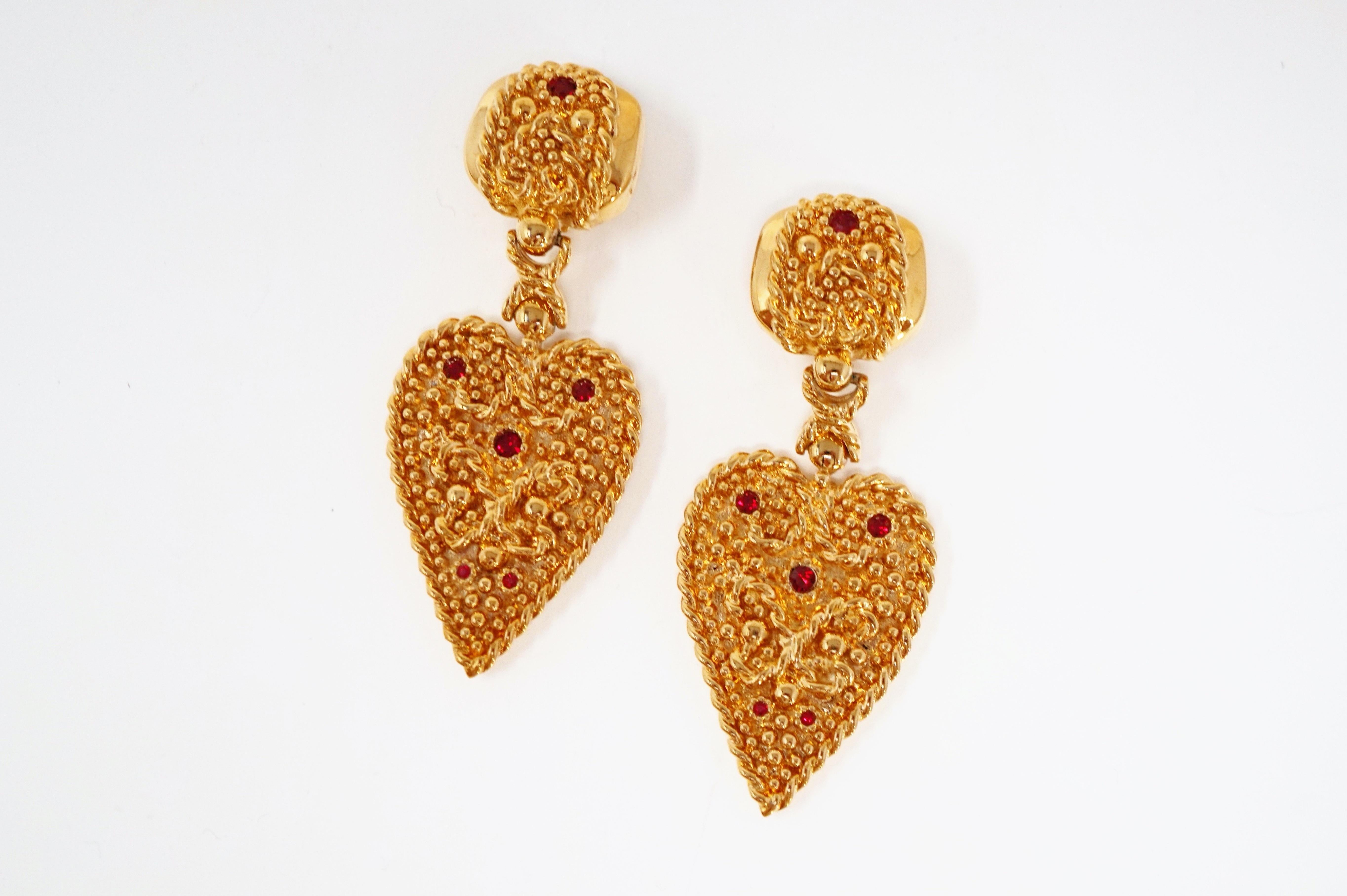 Modern 1980s Nina Ricci Oversized Gilded Heart & Rhinestone Statement Earrings, Signed