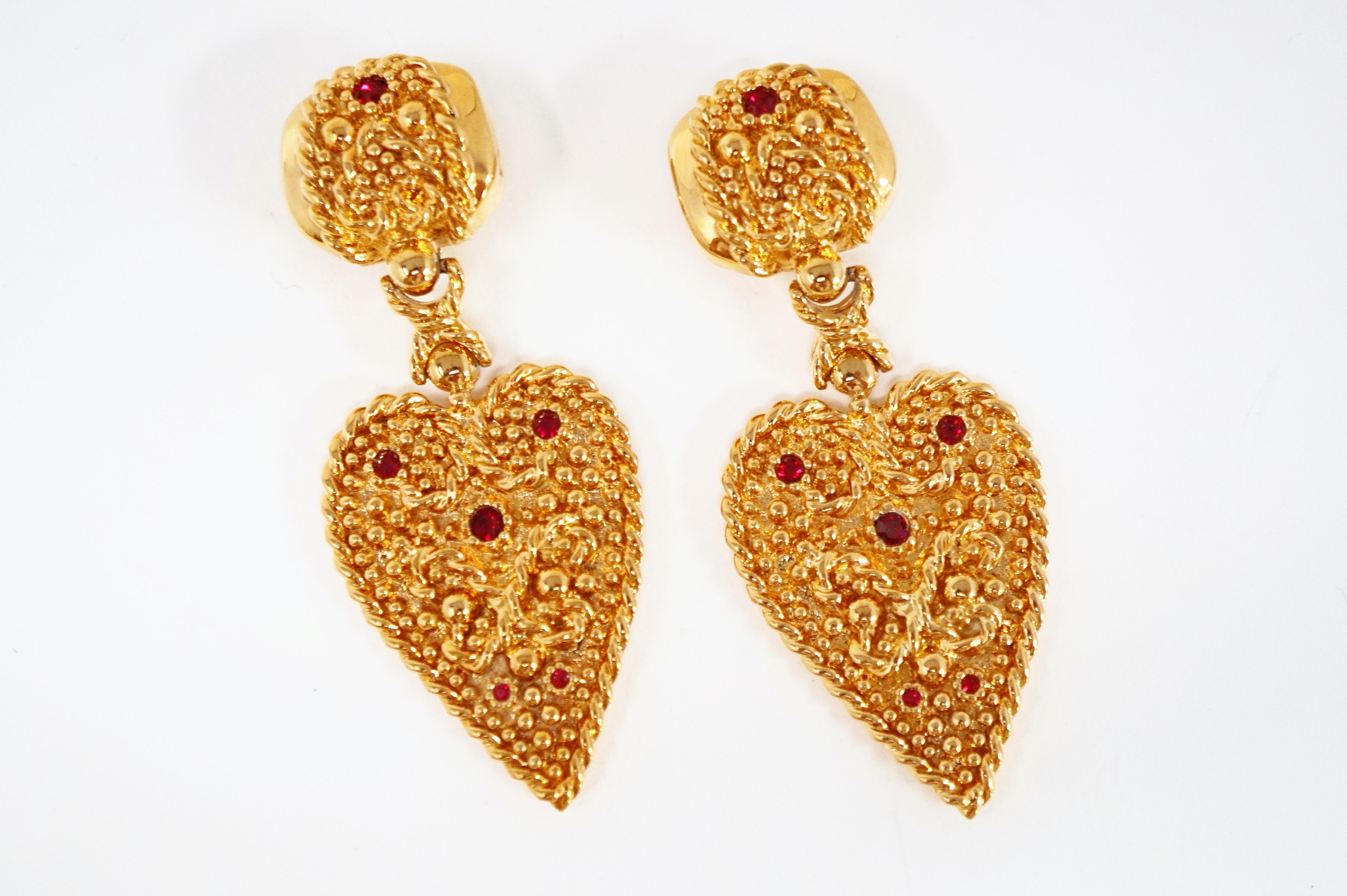 1980s Nina Ricci Oversized Gilded Heart & Rhinestone Statement Earrings, Signed In Excellent Condition In McKinney, TX