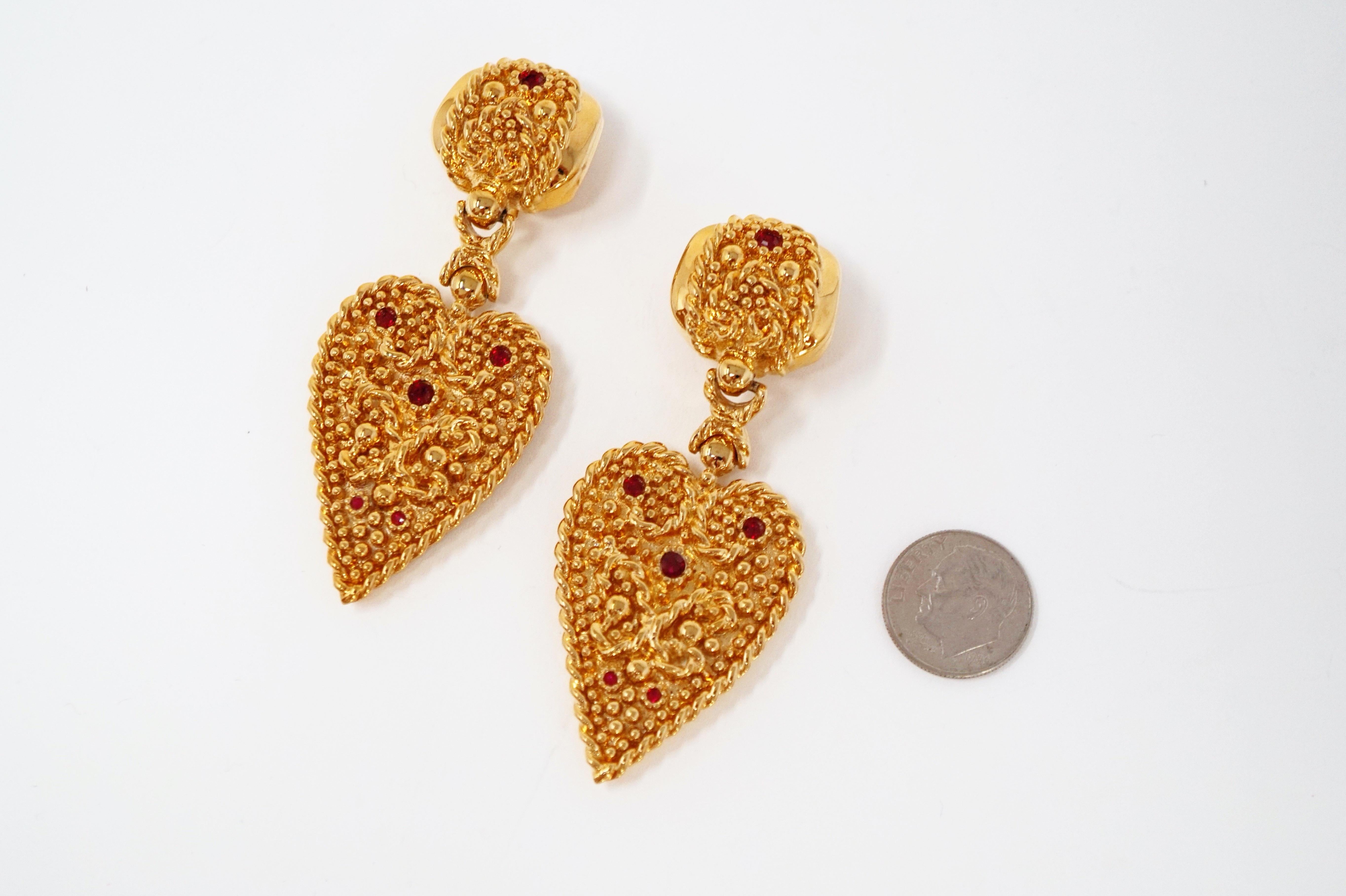 Women's 1980s Nina Ricci Oversized Gilded Heart & Rhinestone Statement Earrings, Signed