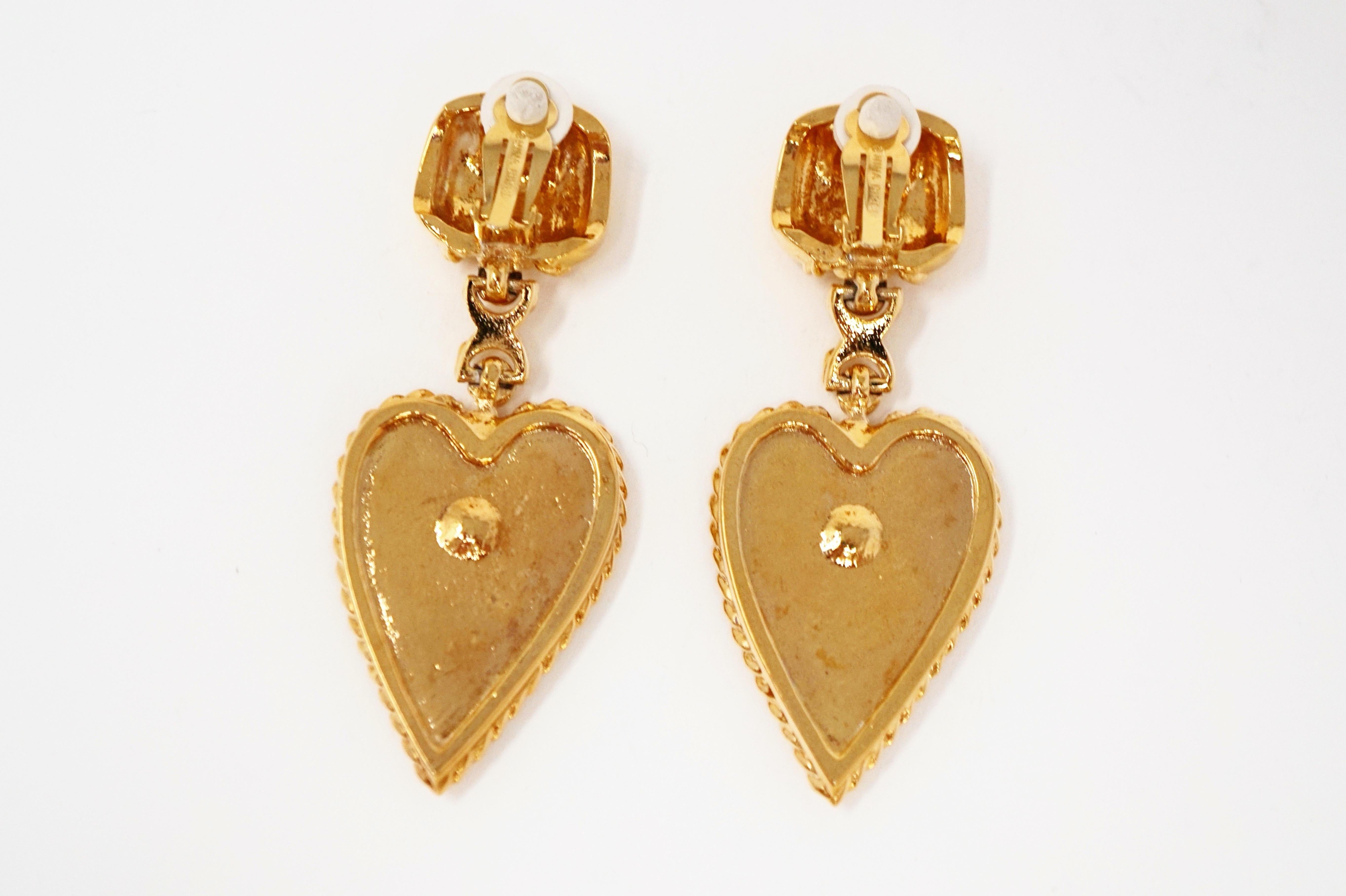 1980s Nina Ricci Oversized Gilded Heart & Rhinestone Statement Earrings, Signed 2