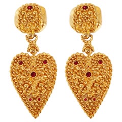 1980s Nina Ricci Oversized Gilded Heart & Rhinestone Statement Earrings, Signed