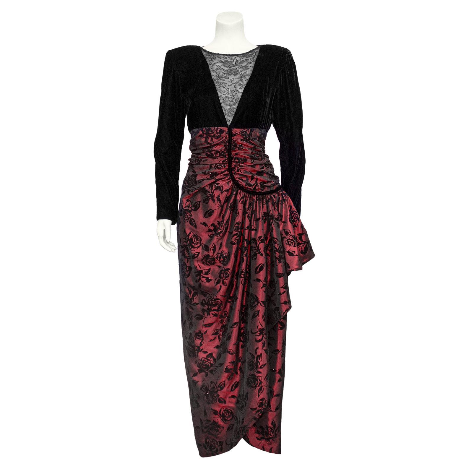 1980er Nina Ricci Kleid aus Samt, Spitze und Taft im Angebot
