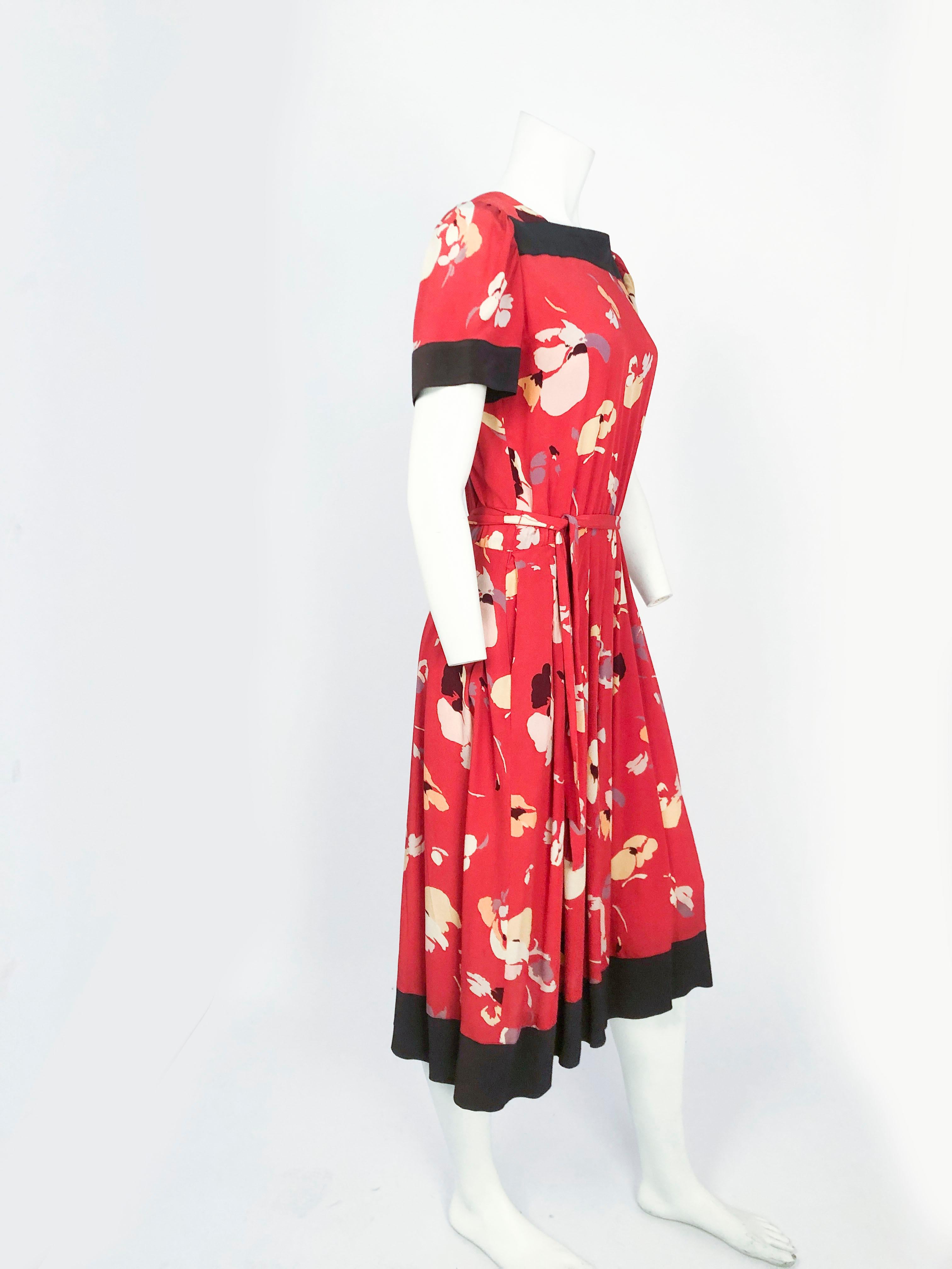 Women's 1980s Nipon Red Printed Dress With Impressionist Pattern For Sale