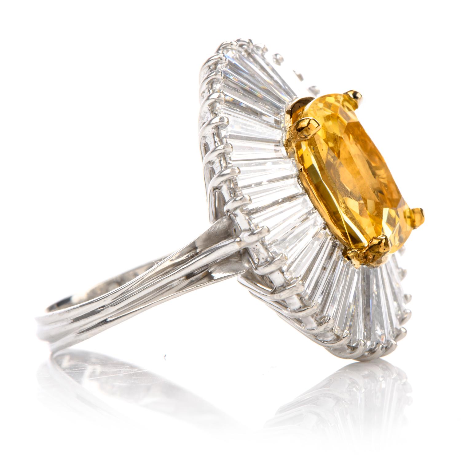 Cushion Cut 1980s No Natural No Heat 12.31 Carat Yellow Sapphire and Diamond Ballerina Ring