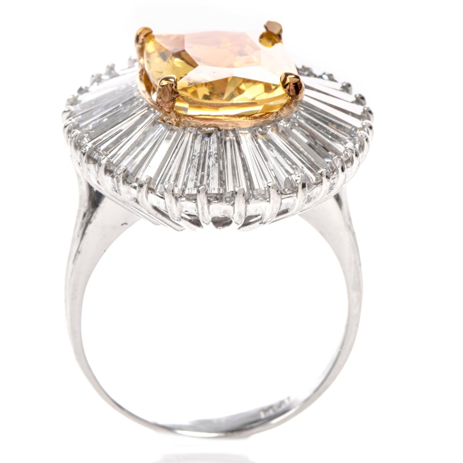 1980s No Natural No Heat 12.31 Carat Yellow Sapphire and Diamond Ballerina Ring In Excellent Condition In Miami, FL