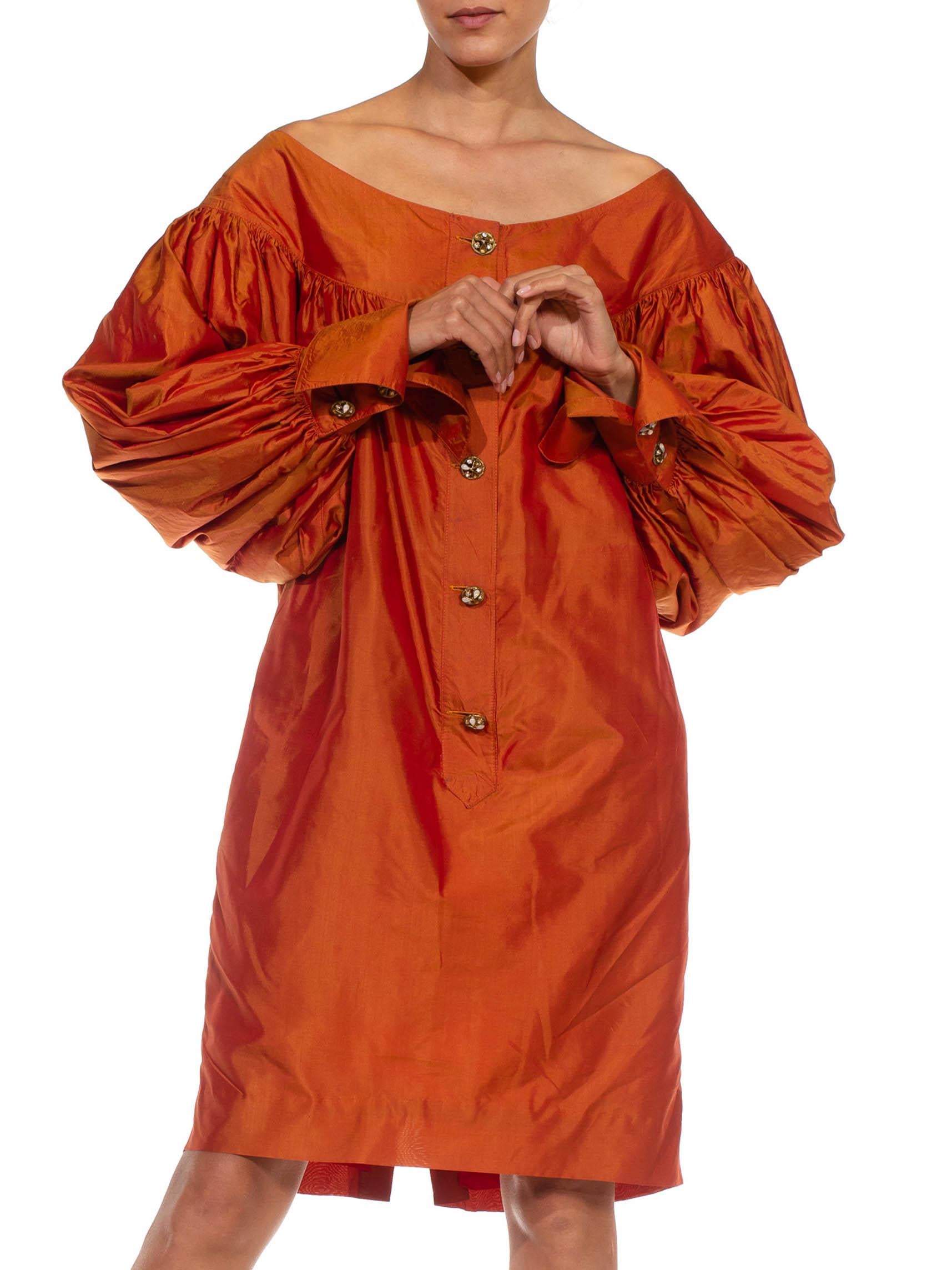 Red 1980S NORBURY AND OSUNA Orange Iridescent Silk Taffeta Dress For Sale