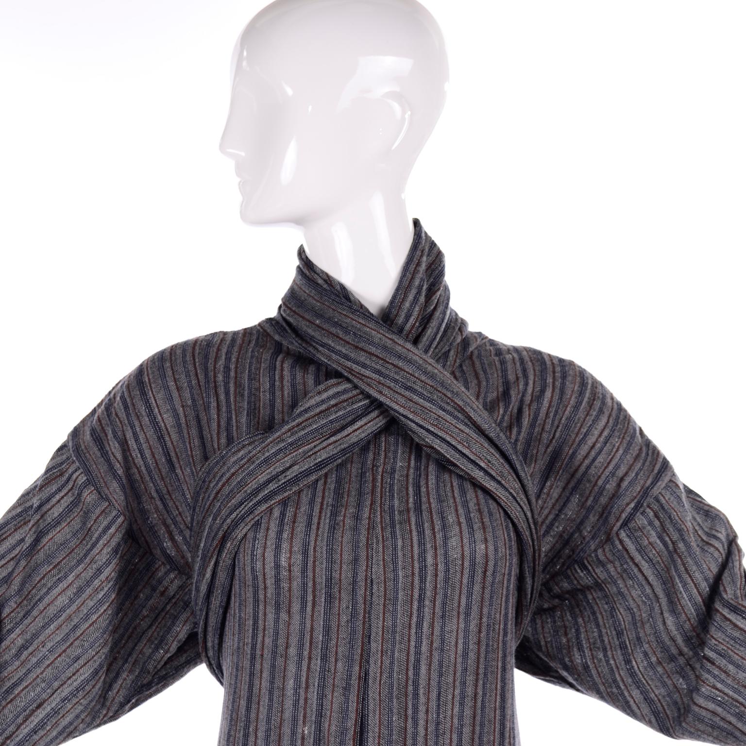 1980s Norma Kamali Gray Red Blue Striped Vintage Dress w Godet Hem & Long Scarf  2