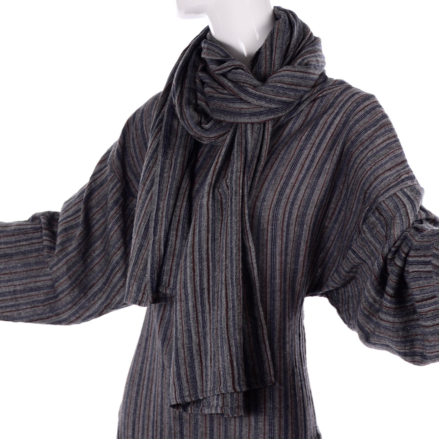 1980s Norma Kamali Gray Red Blue Striped Vintage Dress w Godet Hem & Long Scarf  3