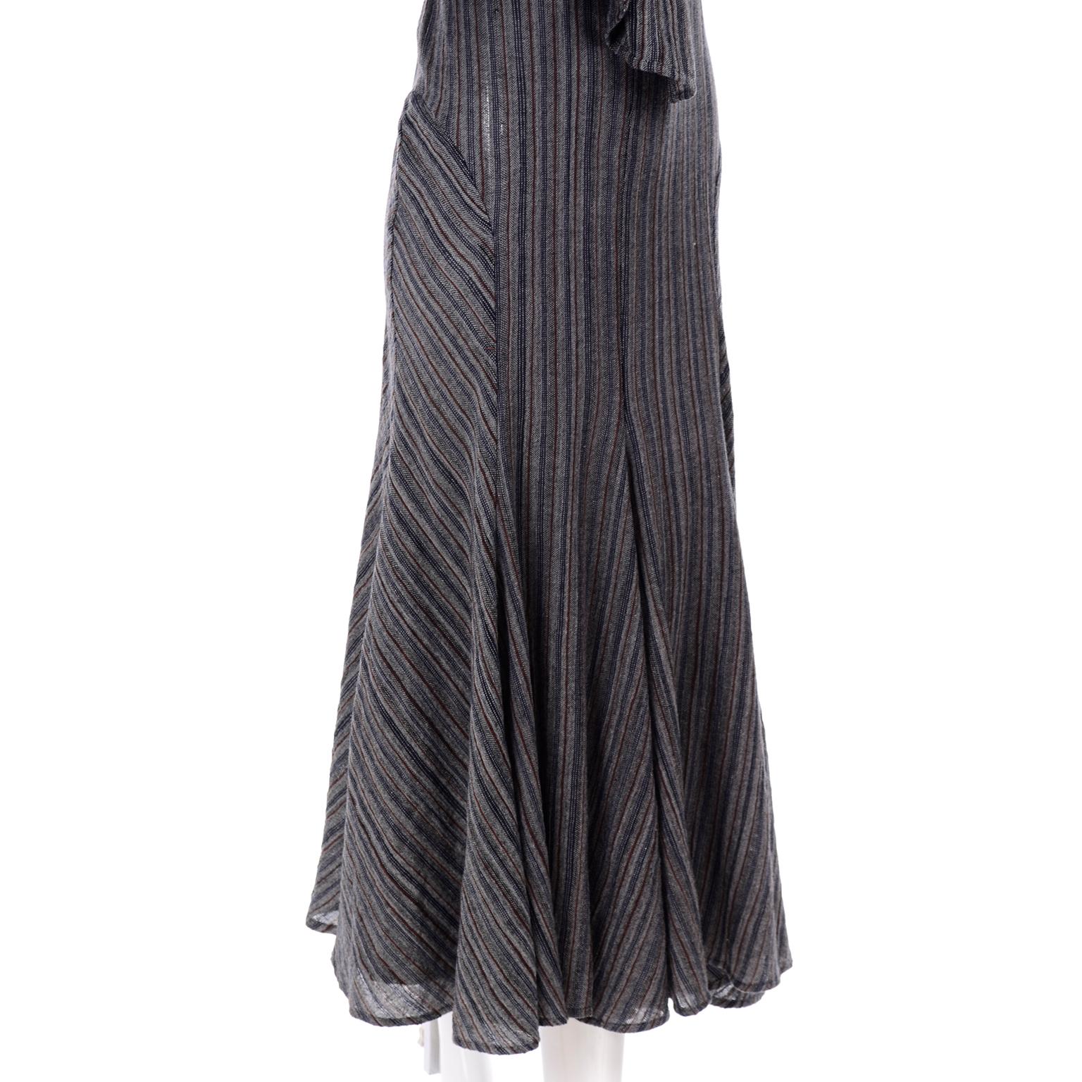 1980s Norma Kamali Gray Red Blue Striped Vintage Dress w Godet Hem & Long Scarf  6