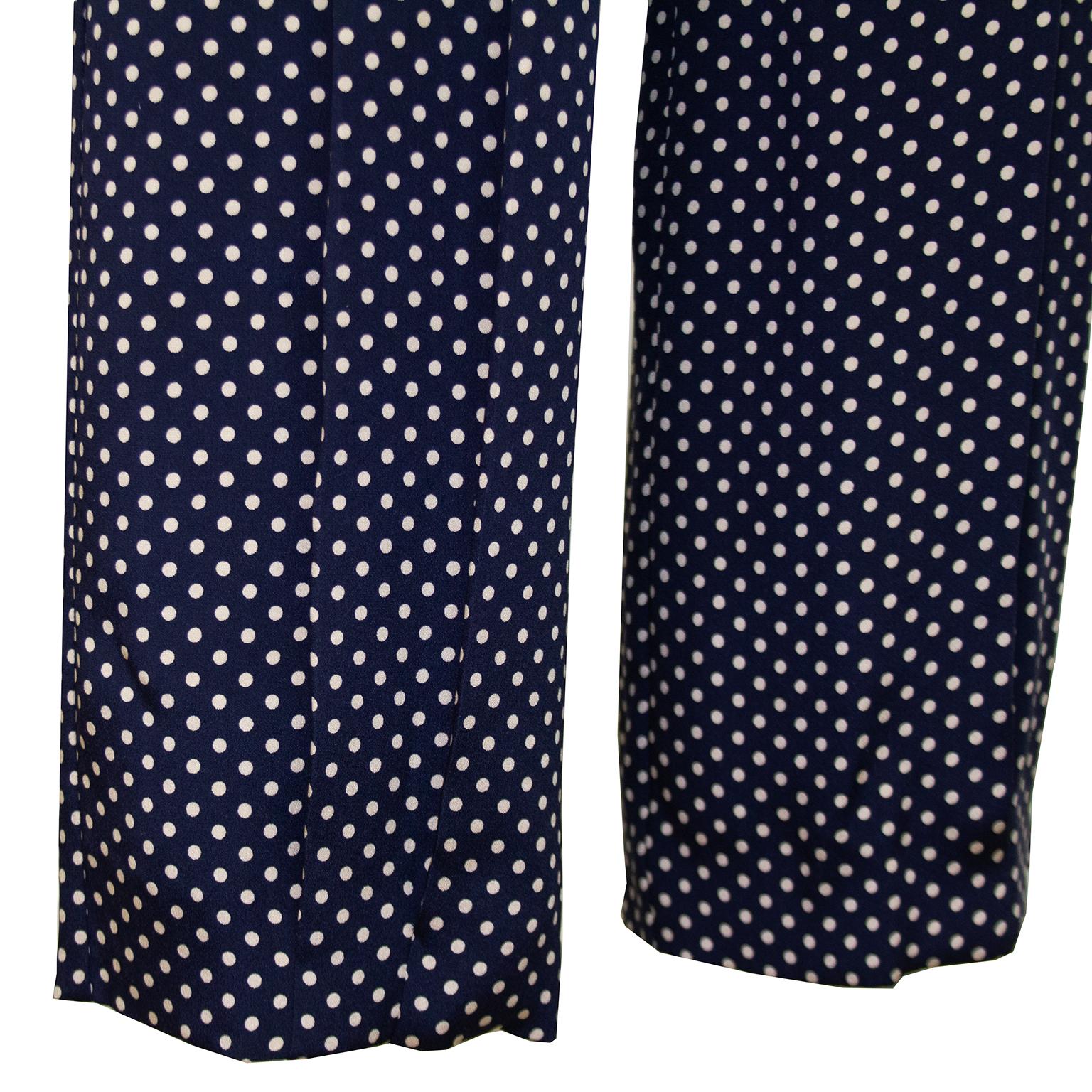 Black 1980s Norma Kamali Navy Blue Polka Dot Silk Trousers  For Sale