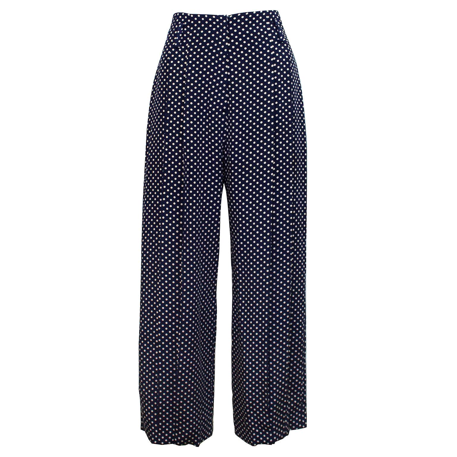 1980s Norma Kamali Navy Blue Polka Dot Silk Trousers 