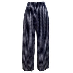 1980s Norma Kamali Navy Blue Polka Dot Silk Trousers 