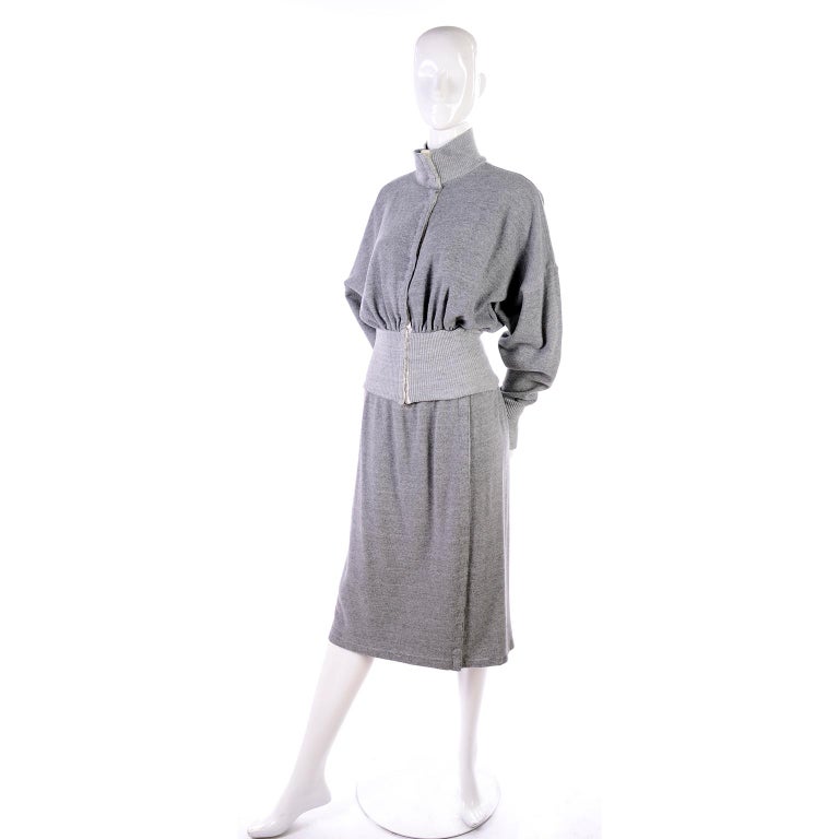 1980s Norma Kamali OMO Gray Fleece Sweatshirt 2 pc Dress w Skirt and ...