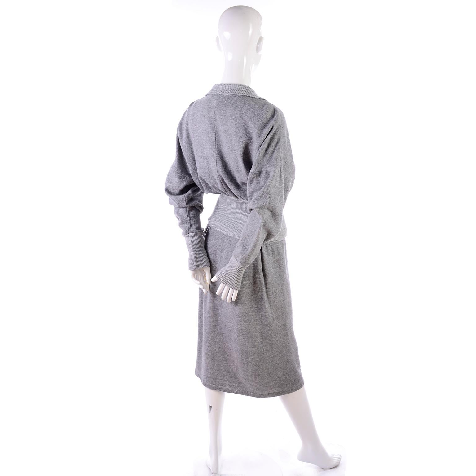 1980s Norma Kamali OMO Gray Fleece Sweatshirt 2 pc Dress w Skirt & Top In Excellent Condition In Portland, OR