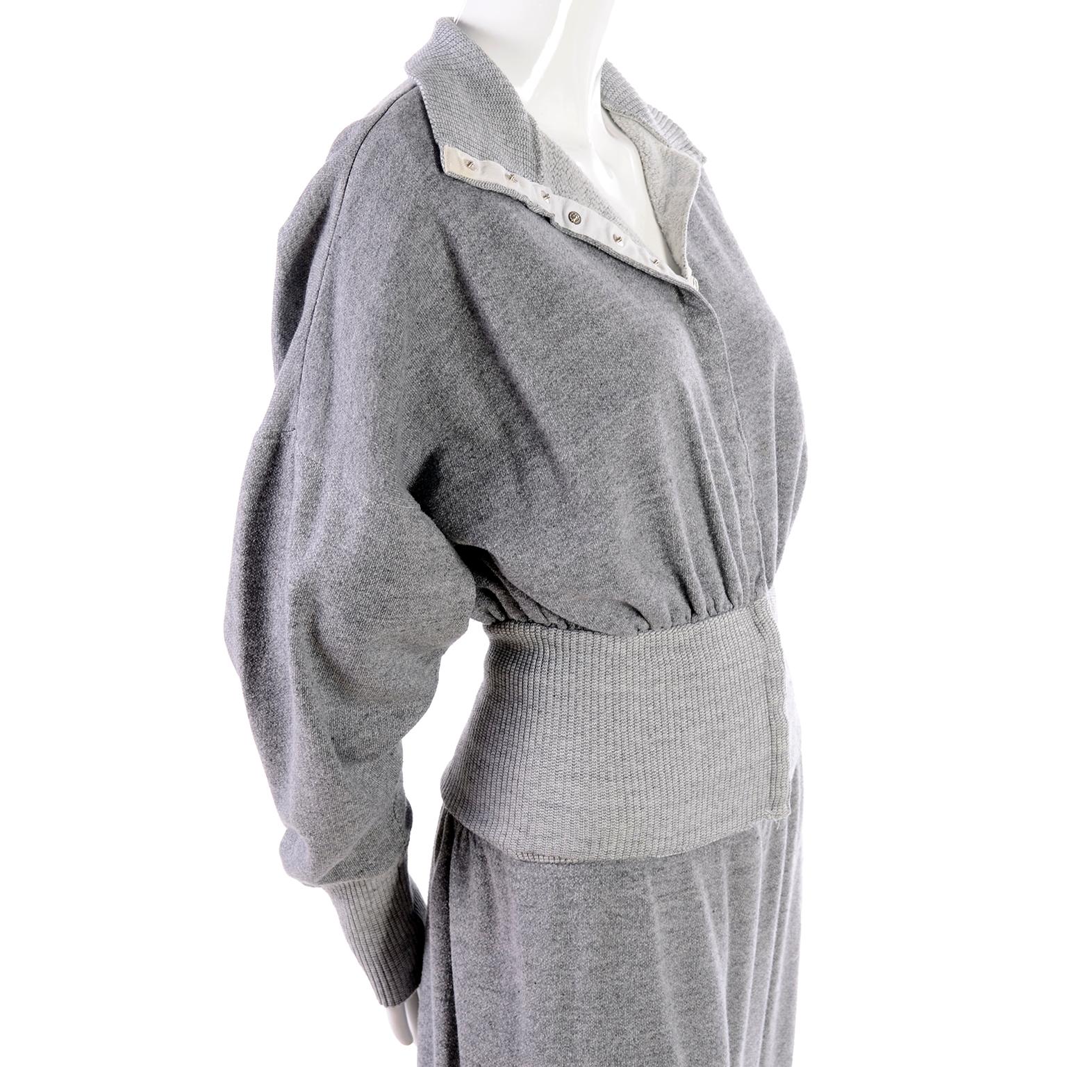 Women's 1980s Norma Kamali OMO Gray Fleece Sweatshirt 2 pc Dress w Skirt & Top