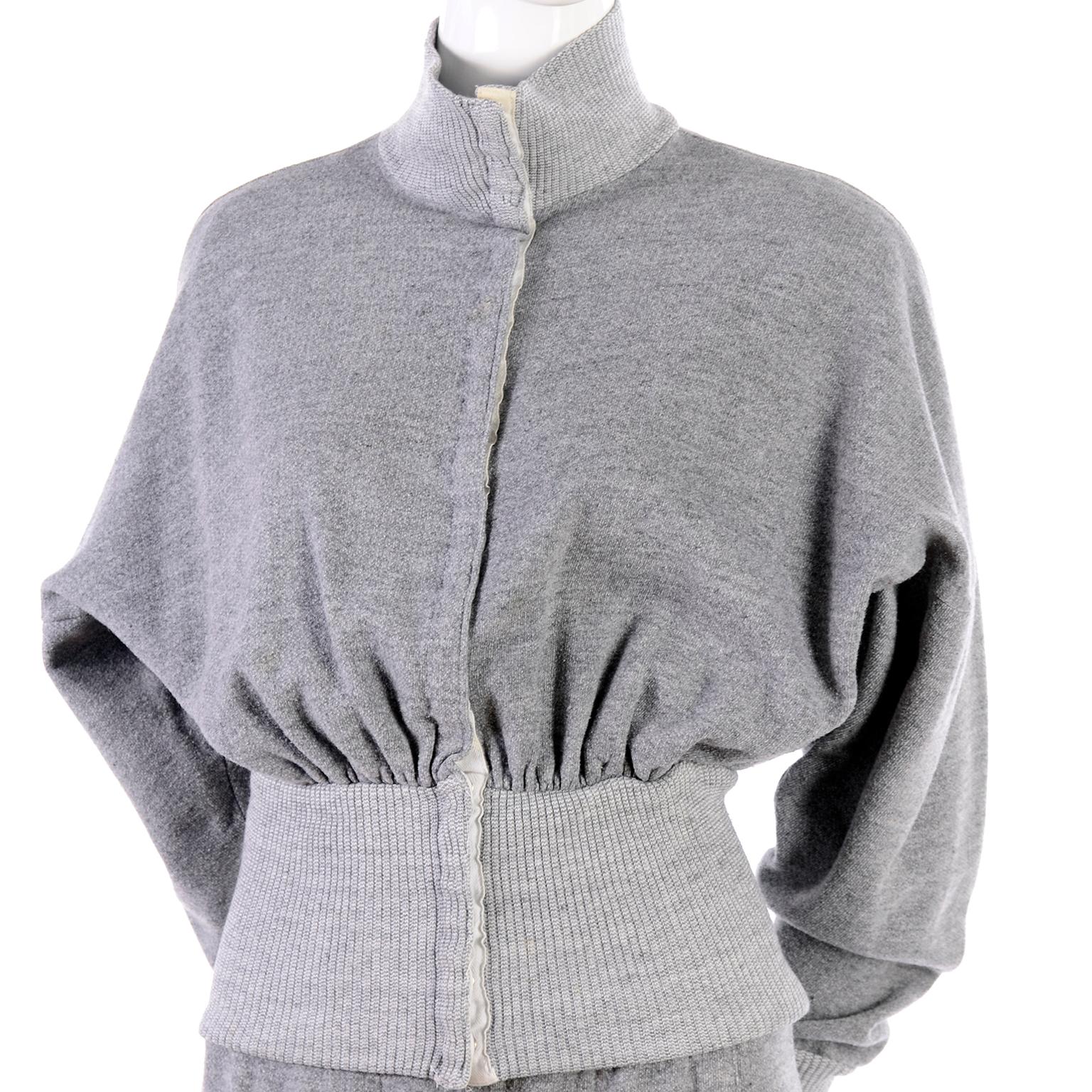1980s Norma Kamali OMO Gray Fleece Sweatshirt 2 pc Dress w Skirt & Top 1