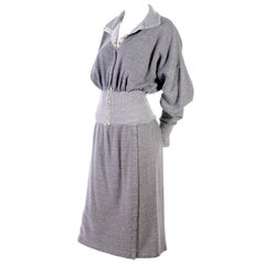 1980s Norma Kamali OMO Gray Fleece Sweatshirt 2 pc Dress w Skirt & Top