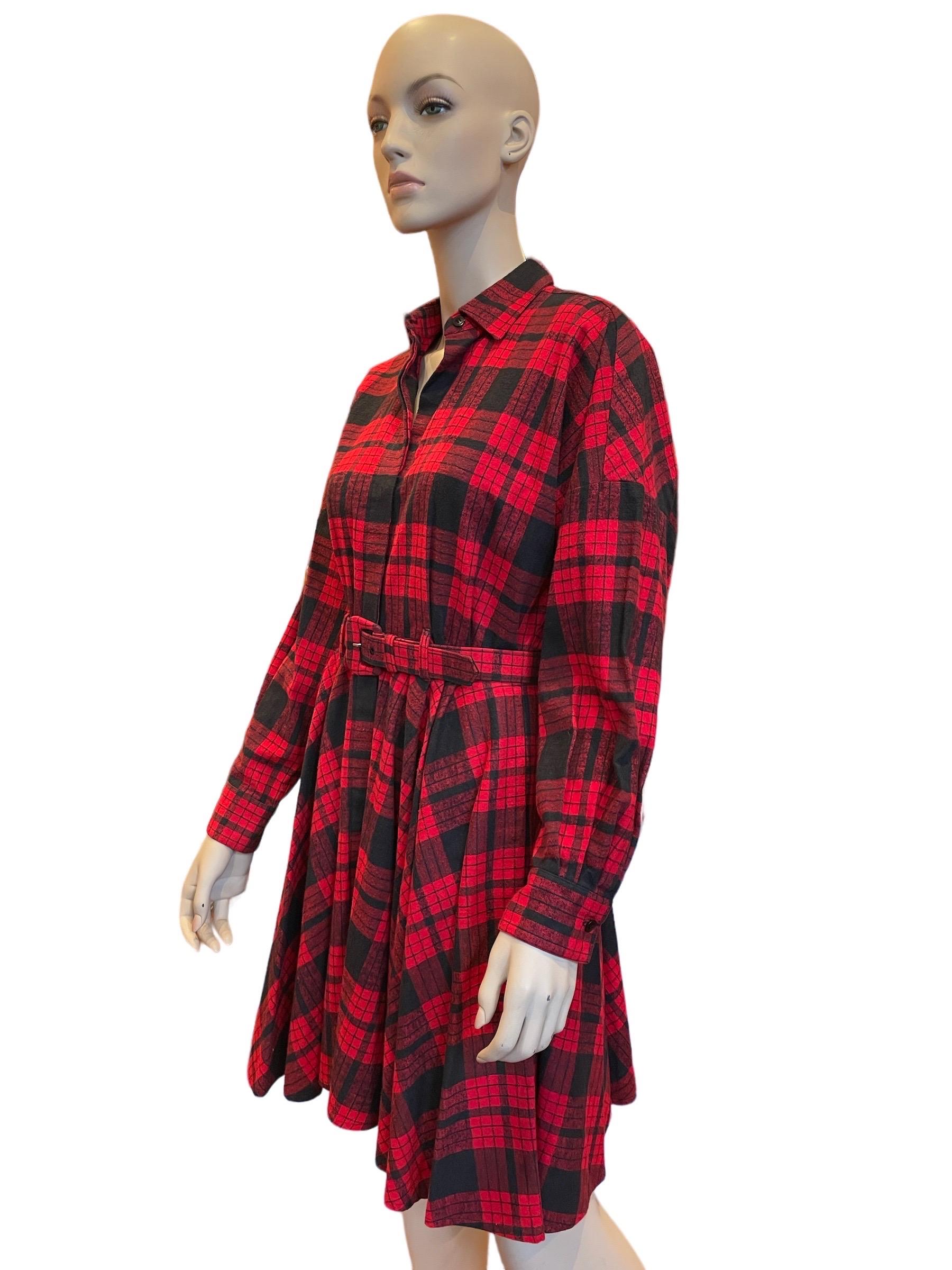 1980s Norma Kamali OMO Red Plaid Flannel Fit and Flare Cotton Beltes Dress 