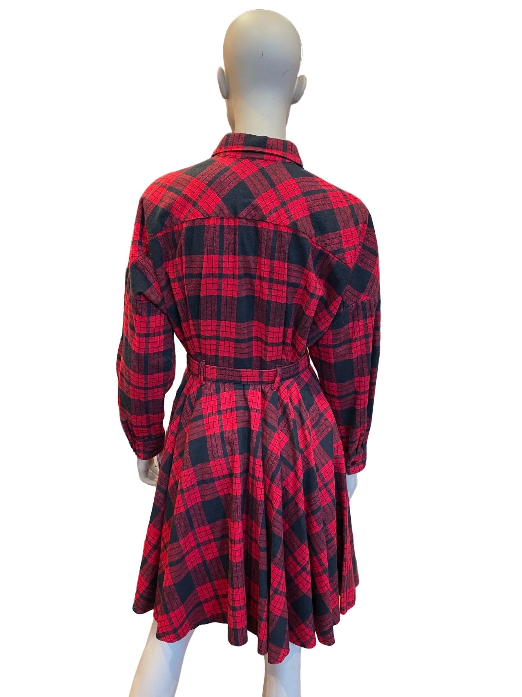 Women's or Men's 1980s Norma Kamali OMO Red Plaid Flannel Fit and Flare Cotton Belted Dress  For Sale