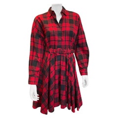 1980s Norma Kamali OMO Red Plaid Flannel Fit and Flare Cotton Belted Dress