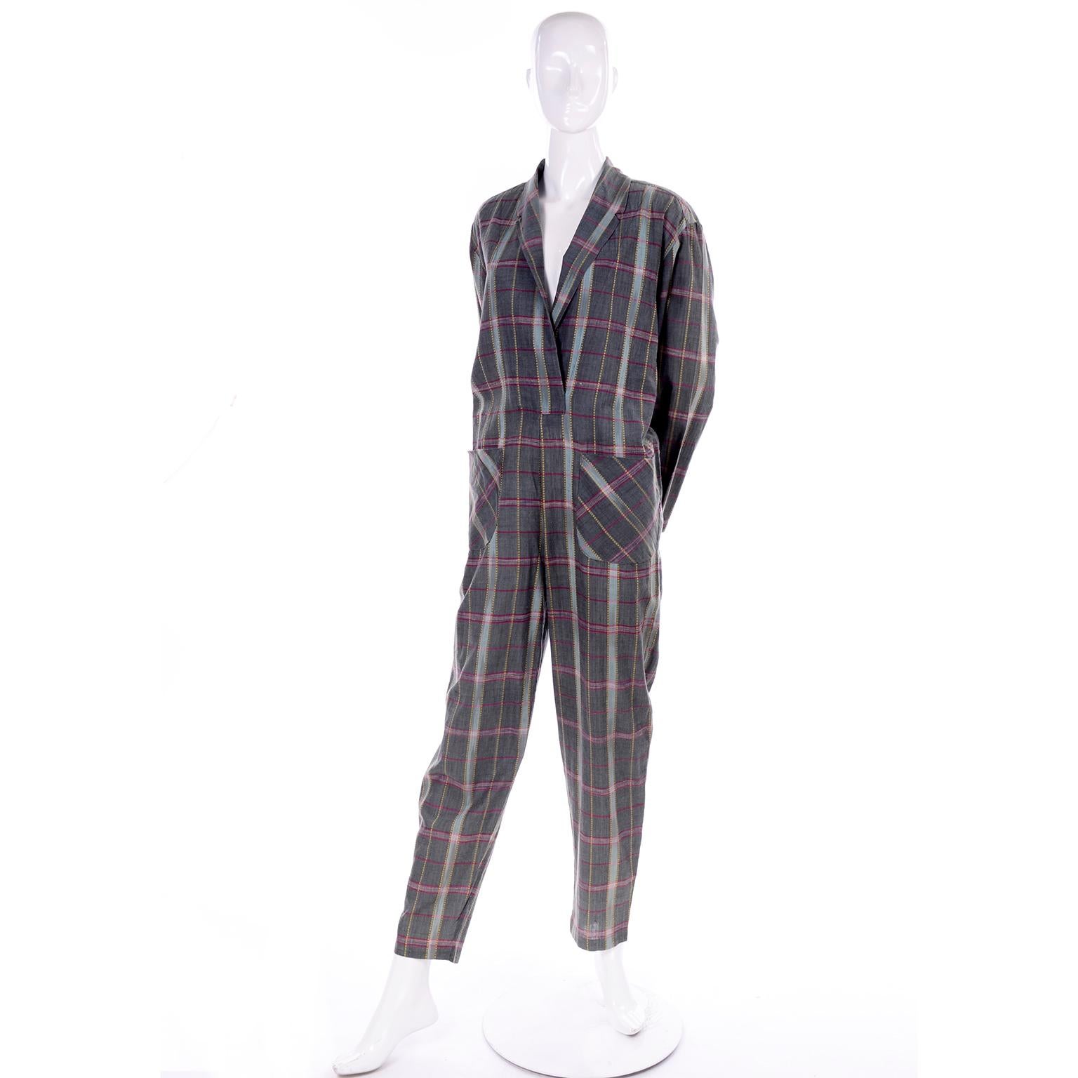 1980s Norma Kamali Plaid Vintage Jumpsuit With Open Front & Pockets Size Small For Sale 2