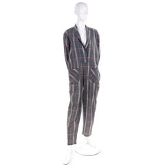 1980s Norma Kamali Plaid Vintage Jumpsuit With Open Front & Pockets Size Small