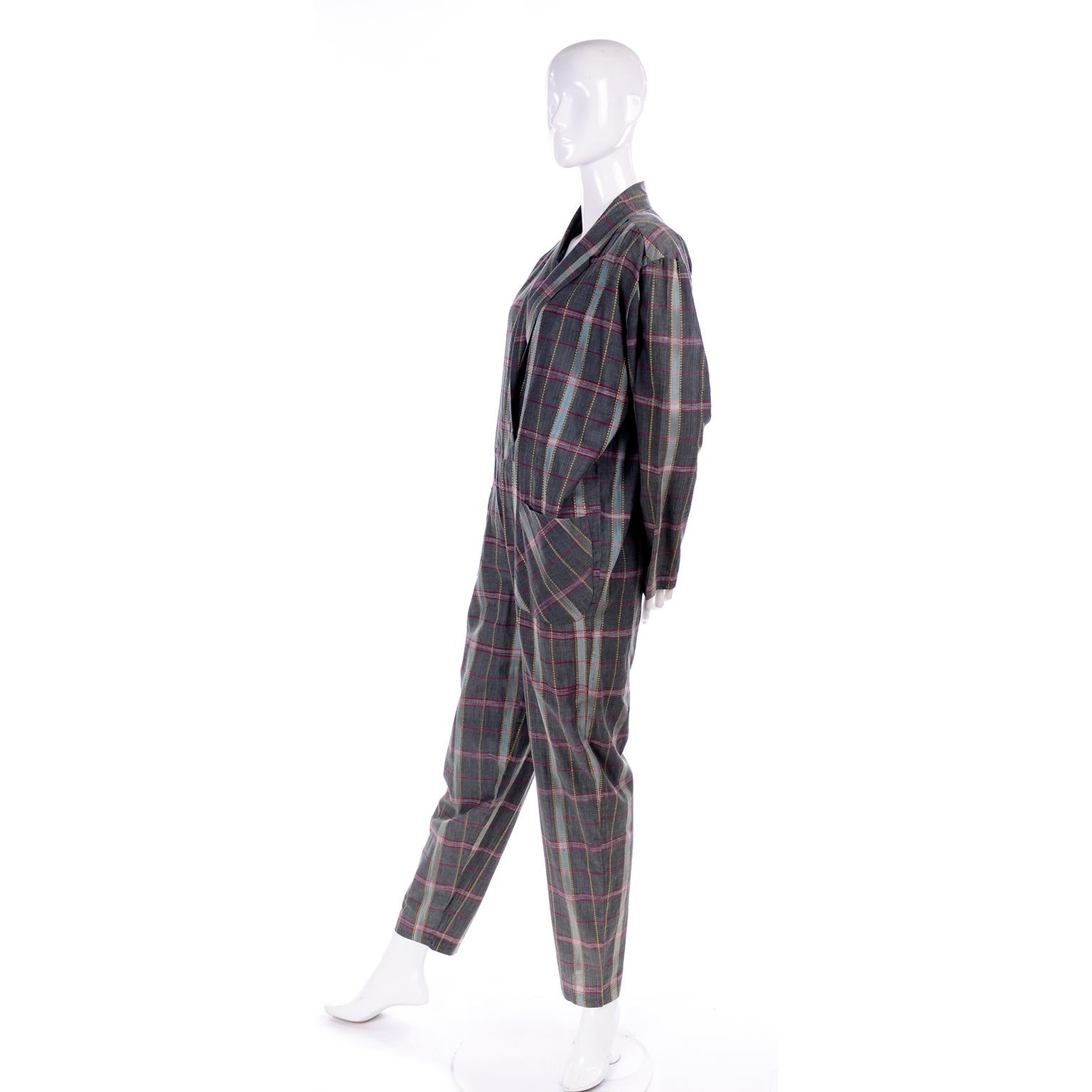 Gray 1980s Norma Kamali Plaid Vintage Jumpsuit With Open Front & Pockets Size Small For Sale