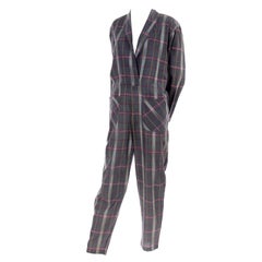 1980s Norma Kamali Plaid Used Jumpsuit With Open Front & Pockets Size Small