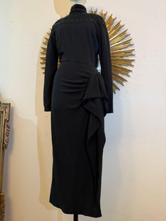 1980S Norma Kamali Rayon Crepe 40s-Inspired Black Dress w Beaded Shoulder Yoke