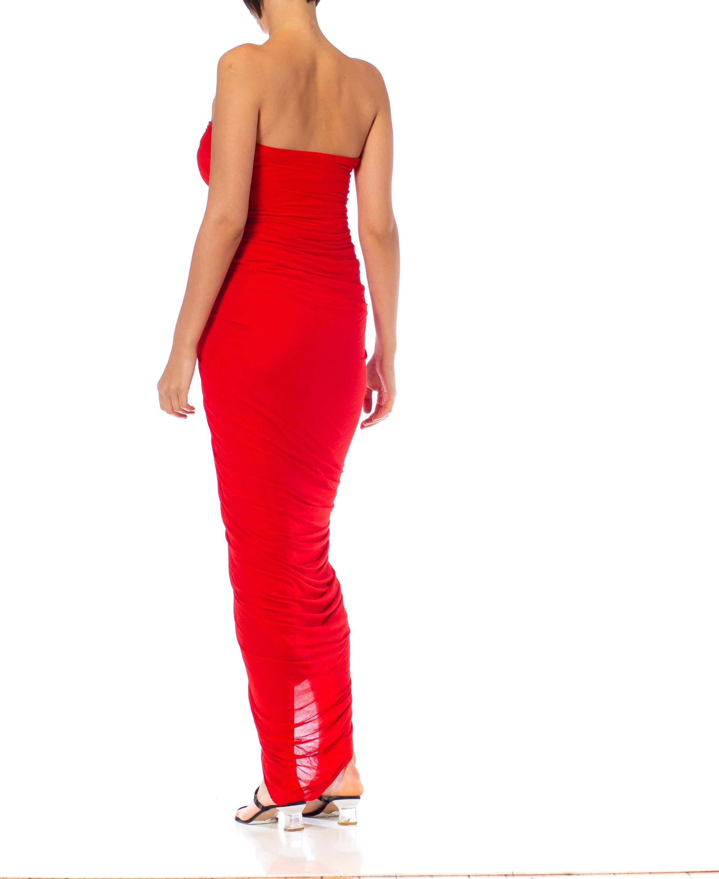 1980S Norma Kamali Red Chiffon Jersey Sheered Strapless Gown For Sale 6