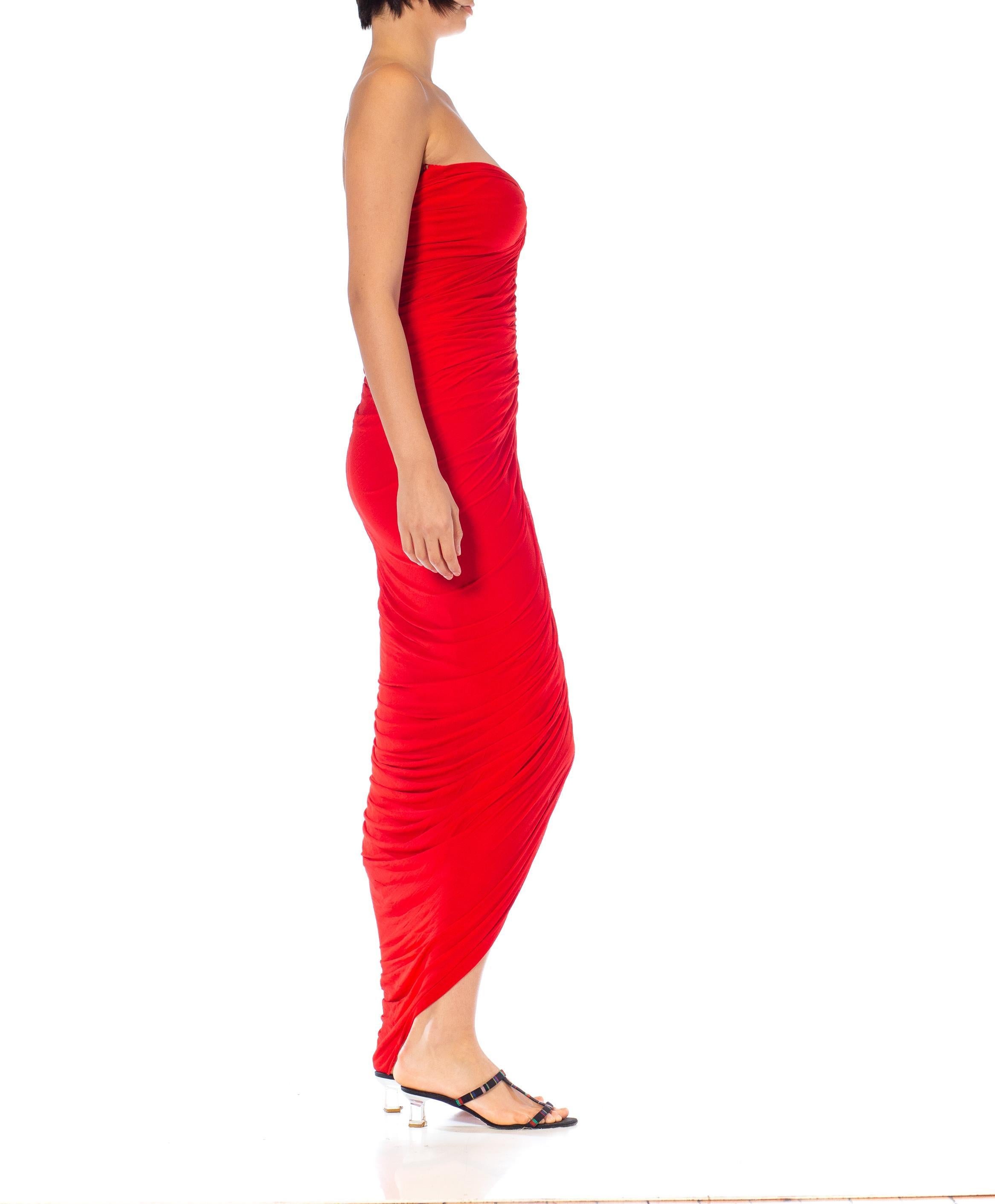1980S Norma Kamali Red Chiffon Jersey Sheered Strapless Gown In Excellent Condition For Sale In New York, NY