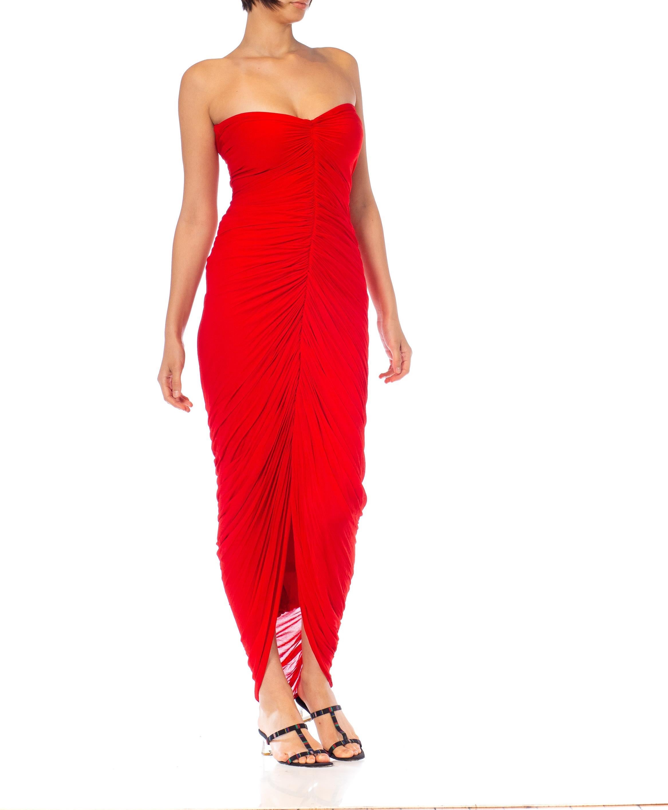 Women's 1980S Norma Kamali Red Chiffon Jersey Sheered Strapless Gown For Sale