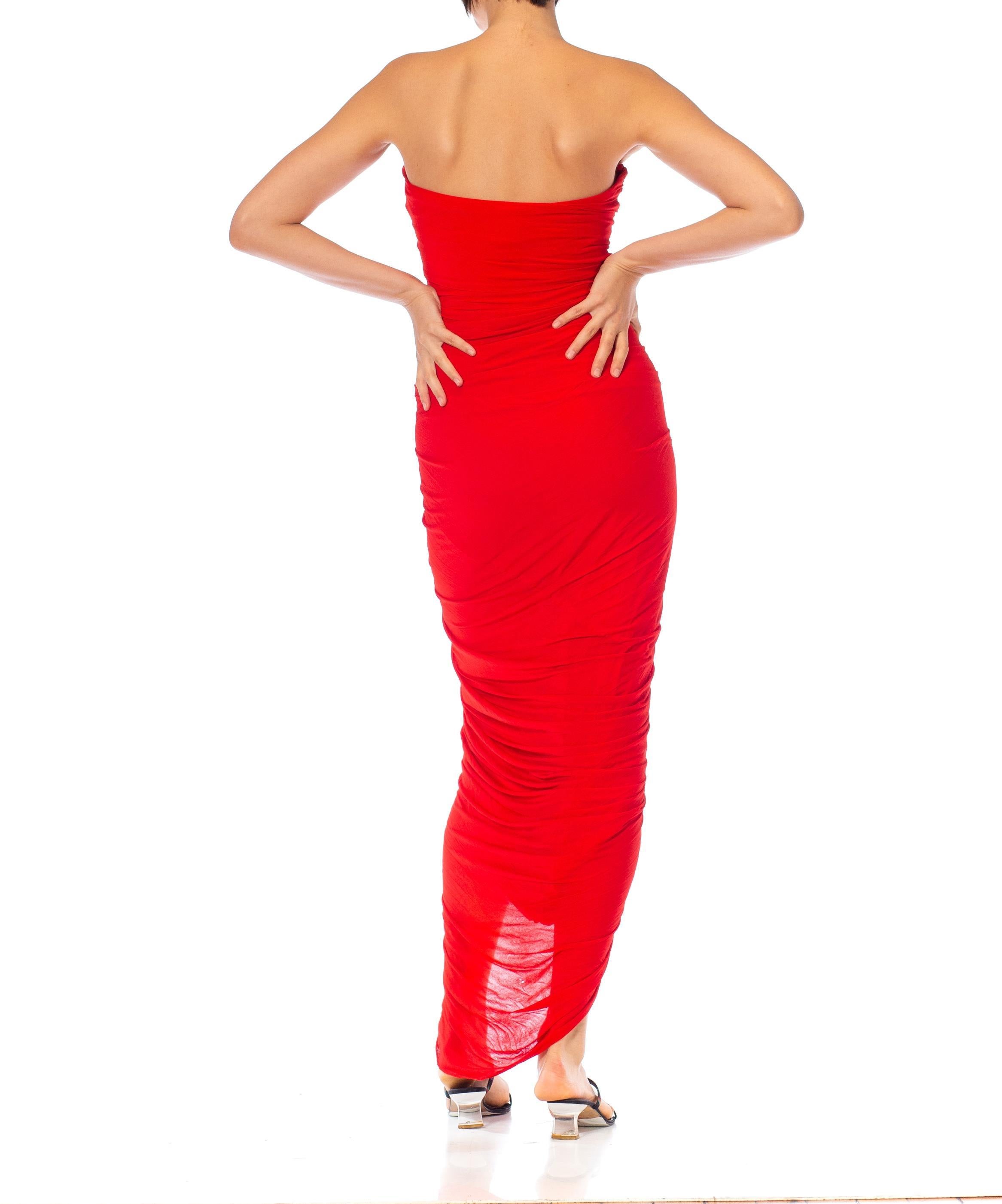 1980S Norma Kamali Red Chiffon Jersey Sheered Strapless Gown For Sale 2