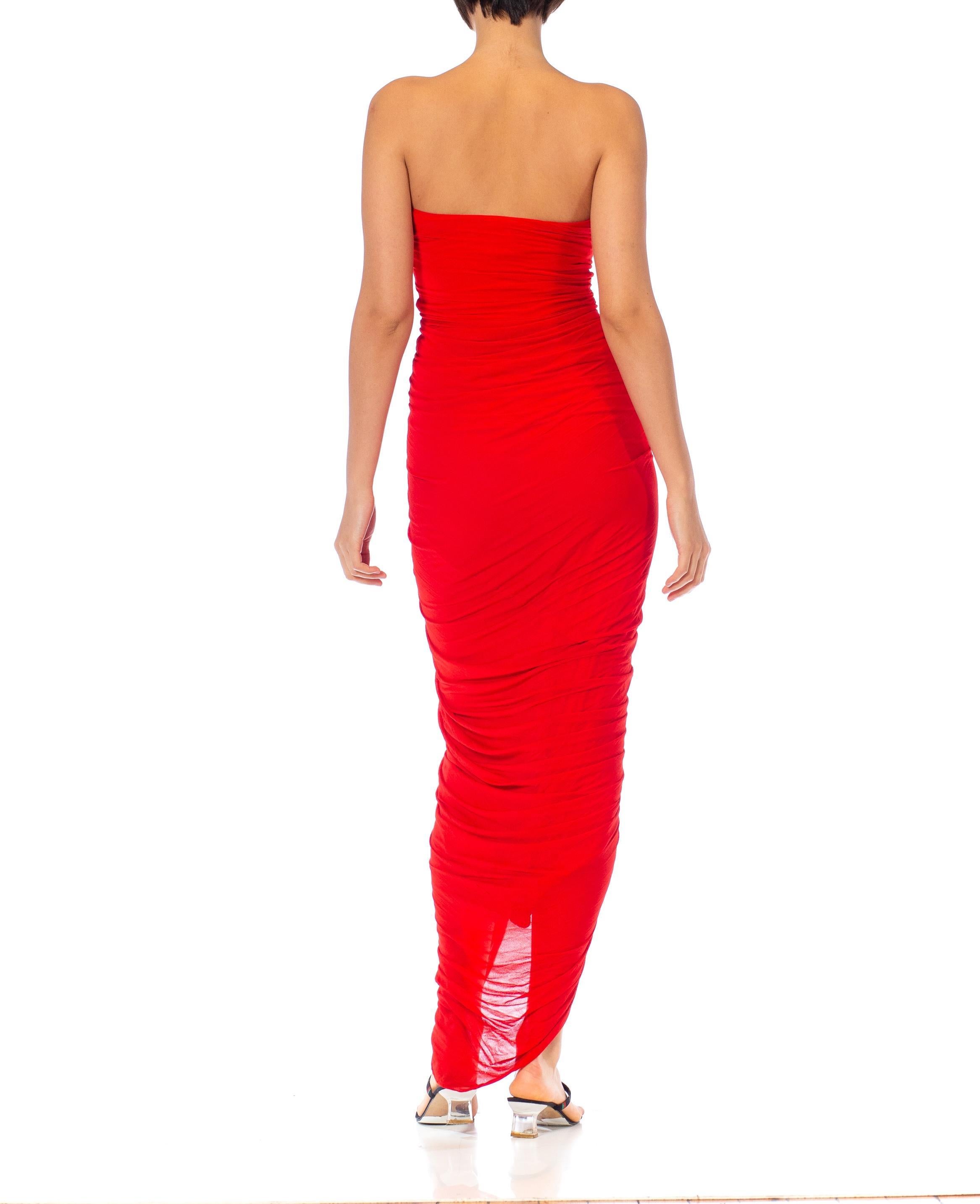 1980S Norma Kamali Red Chiffon Jersey Sheered Strapless Gown For Sale 5