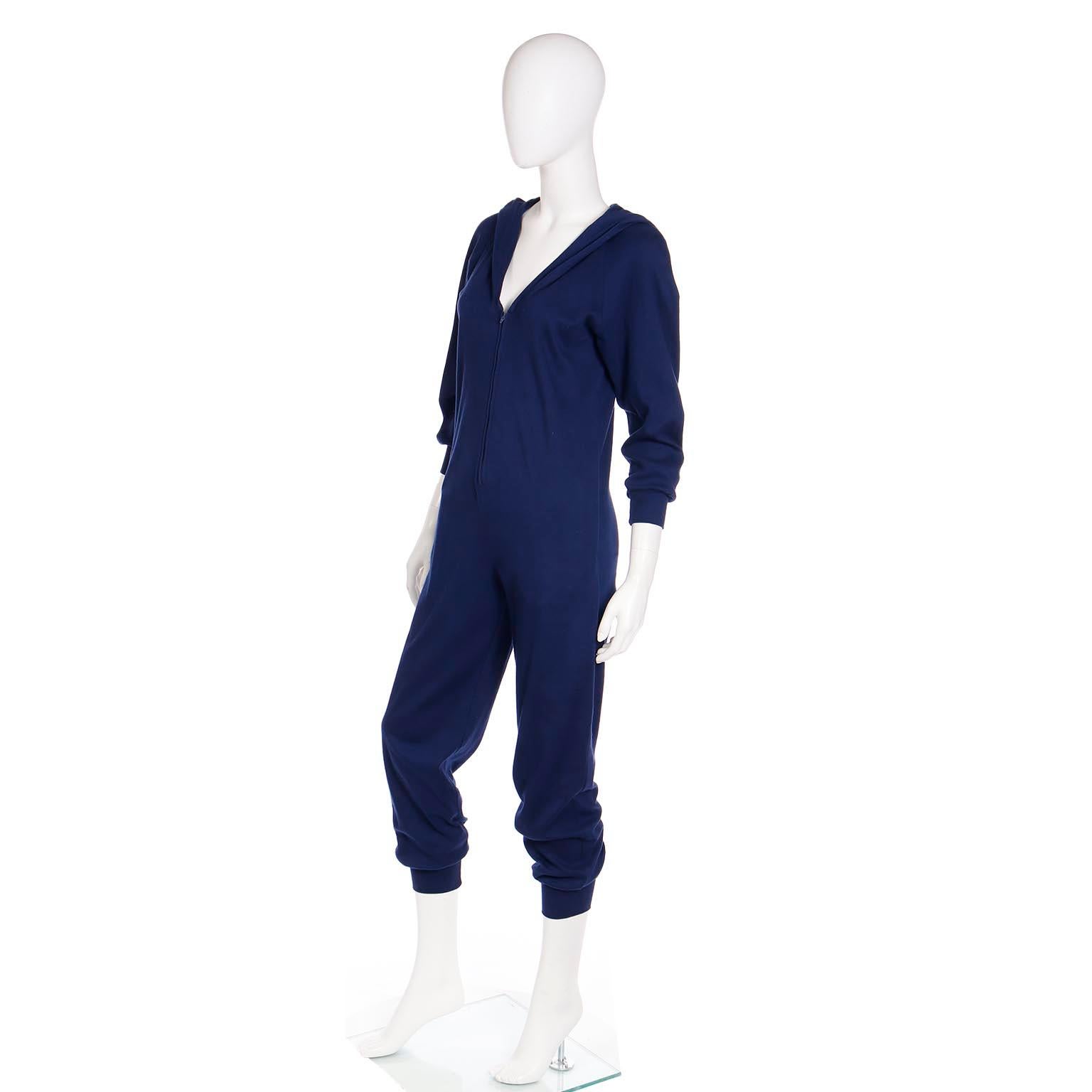Women's 1980s Norma Kamali Vintage Navy Blue Stretch Jersey Hooded Jumpsuit
