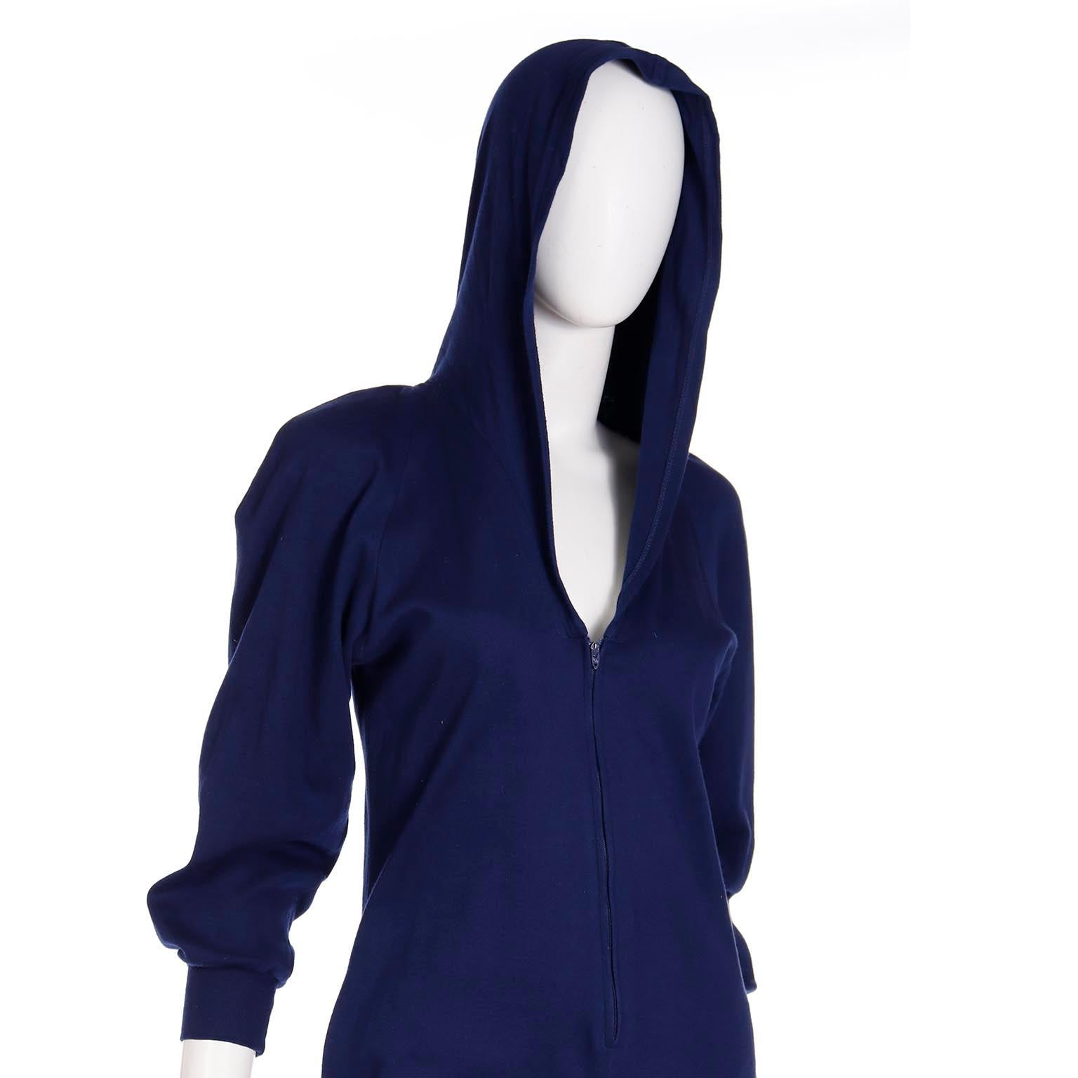 1980s Norma Kamali Vintage Navy Blue Stretch Jersey Hooded Jumpsuit 1