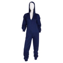 1980s Norma Kamali Vintage Navy Blue Stretch Jersey Hooded Jumpsuit